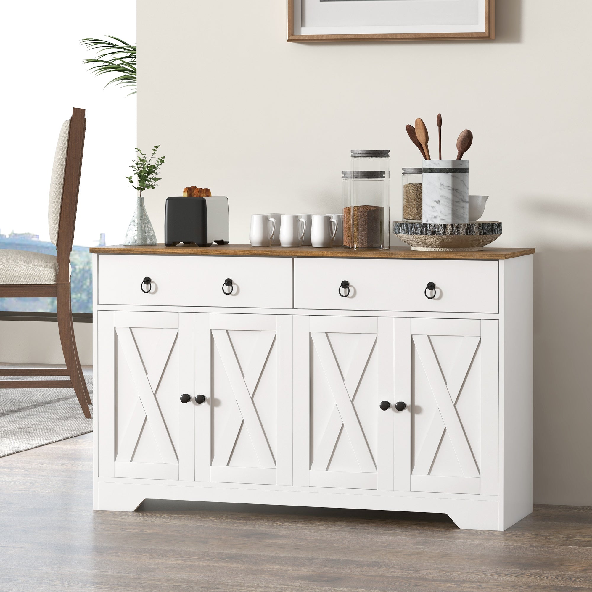 HOMCOM Sideboard Buffet Cabinet with Storage, 48" Kitchen Cabinet with 2 Drawers and 4 Barn Doors, Farmhouse Coffee Bar Cabinet, White