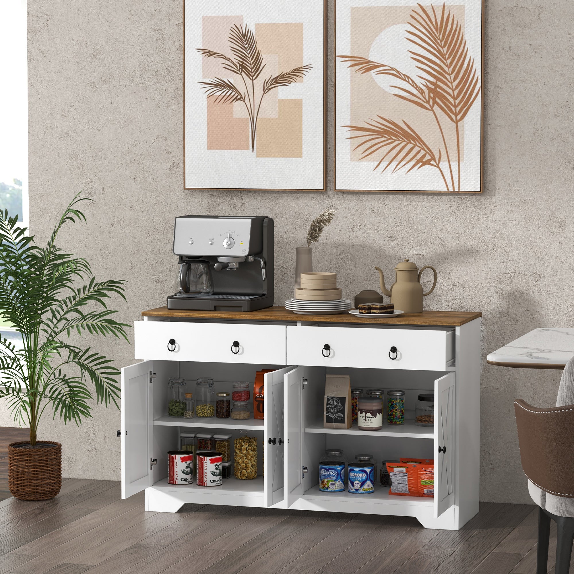 HOMCOM Sideboard Buffet Cabinet with Storage, 48" Kitchen Cabinet with 2 Drawers and 4 Barn Doors, Farmhouse Coffee Bar Cabinet, White
