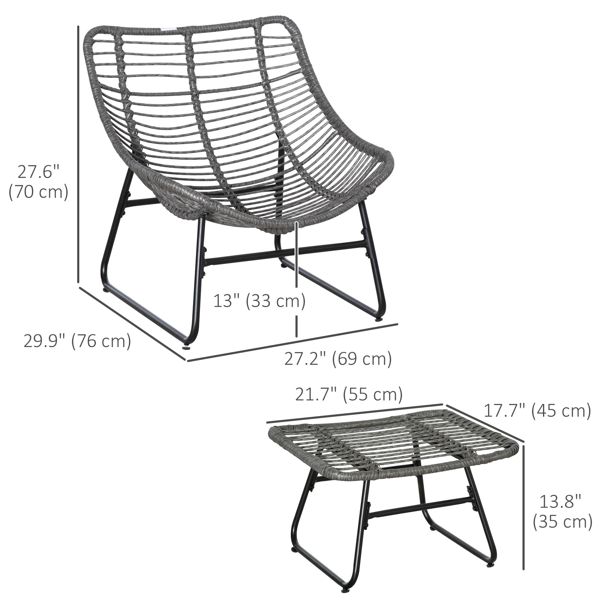 Outsunny Rattan Chair with Stool, Outdoor Balcony Chair with Cushion, Adjustable Foot Pads for Patio, Garden, Backyard, Grey
