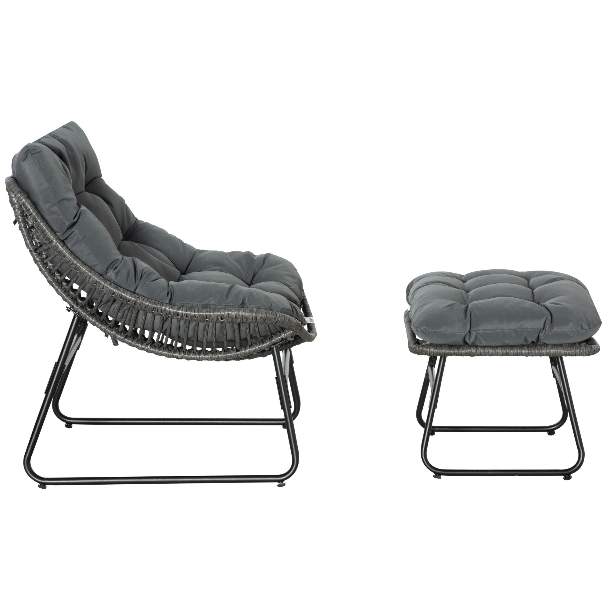 Outsunny Rattan Chair with Stool, Outdoor Balcony Chair with Cushion, Adjustable Foot Pads for Patio, Garden, Backyard, Grey