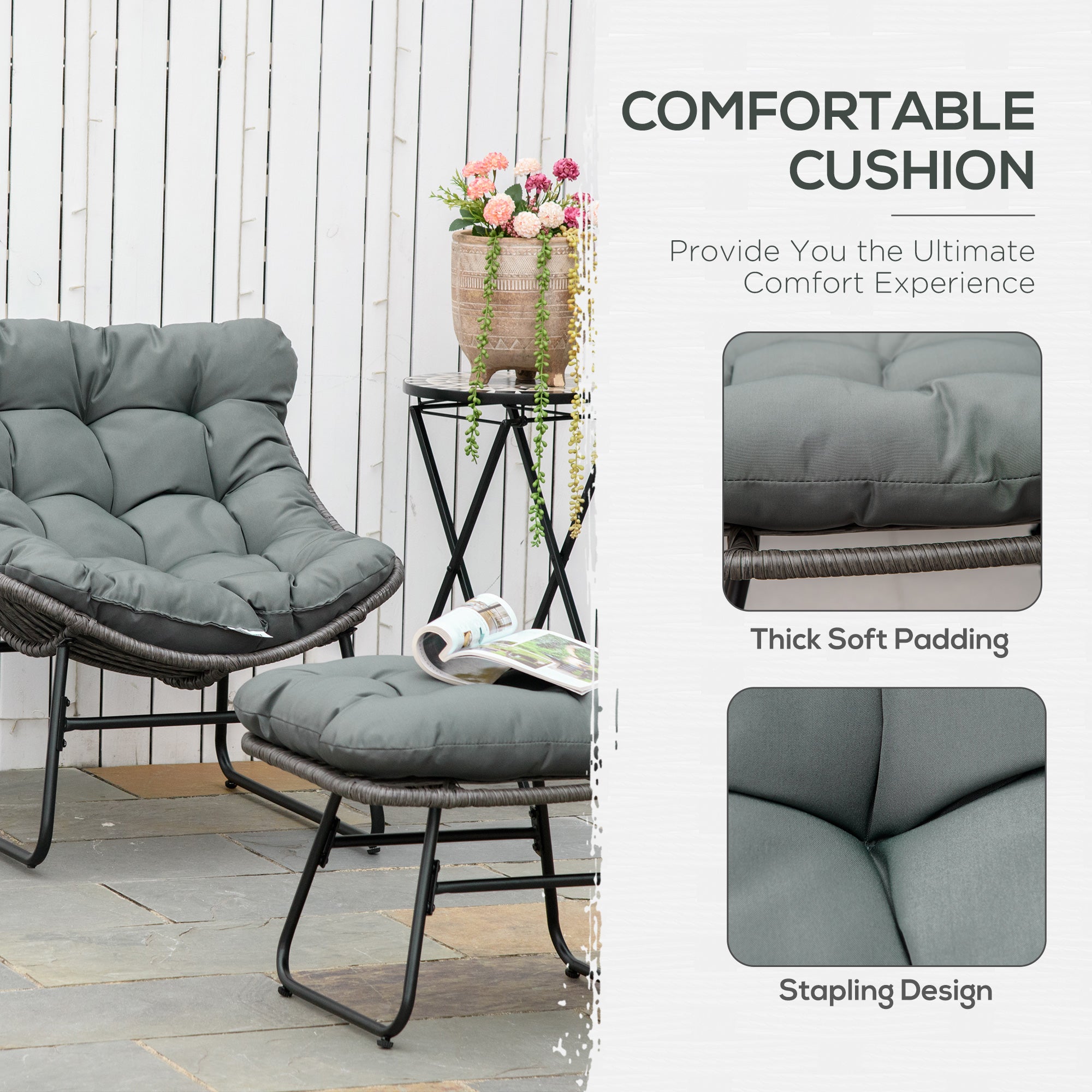 Outsunny Rattan Chair with Stool, Outdoor Balcony Chair with Cushion, Adjustable Foot Pads for Patio, Garden, Backyard, Grey