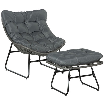 Outsunny Rattan Chair with Stool, Outdoor Balcony Chair with Cushion, Adjustable Foot Pads for Patio, Garden, Backyard, Grey