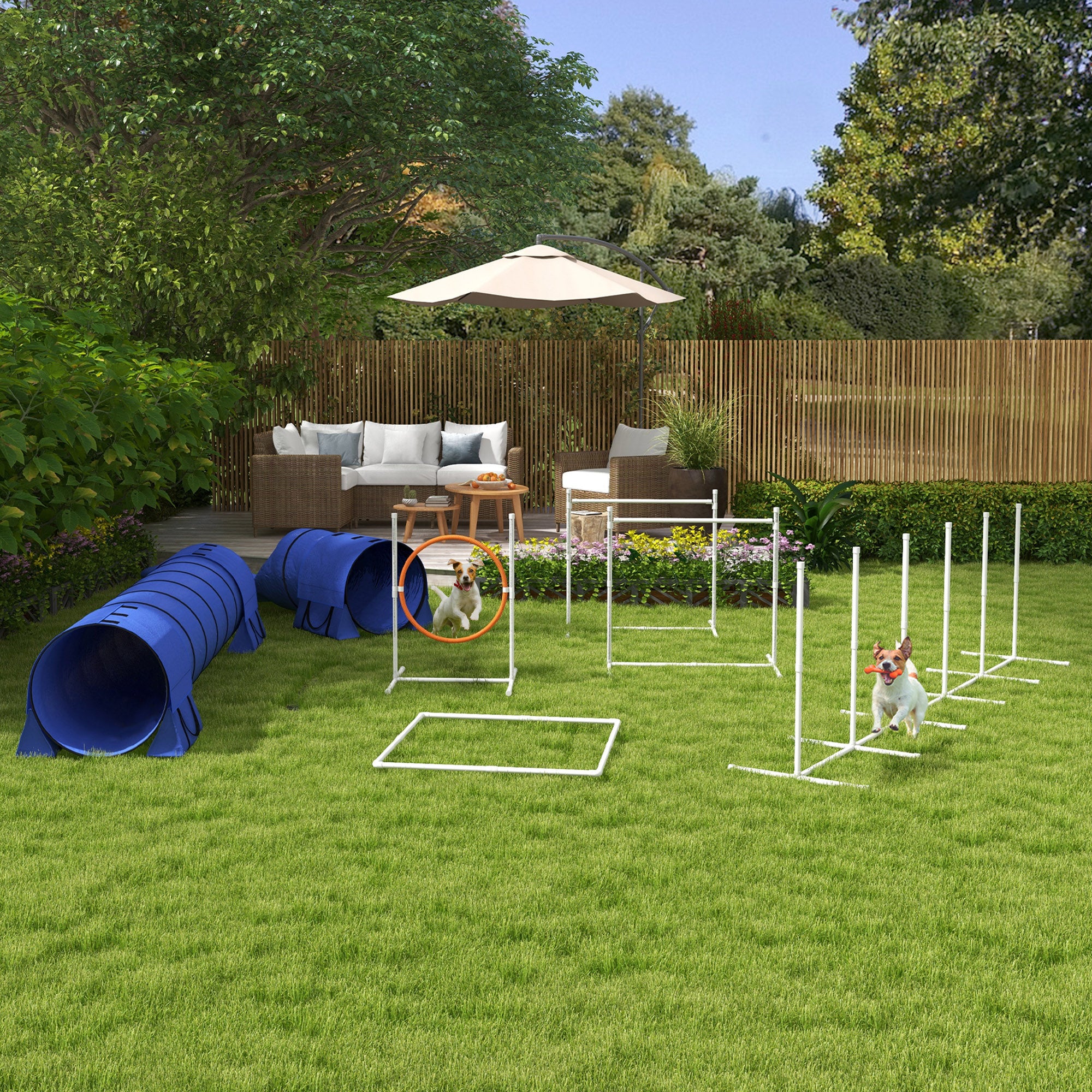 PawHut 7PCs Portable Dog Agility Training Equipment, Pet Agility Training Set with Adjustable Height Jump Ring, Jumper, Weave Poles, Square Pause Box, Carrying Bag, Whistle