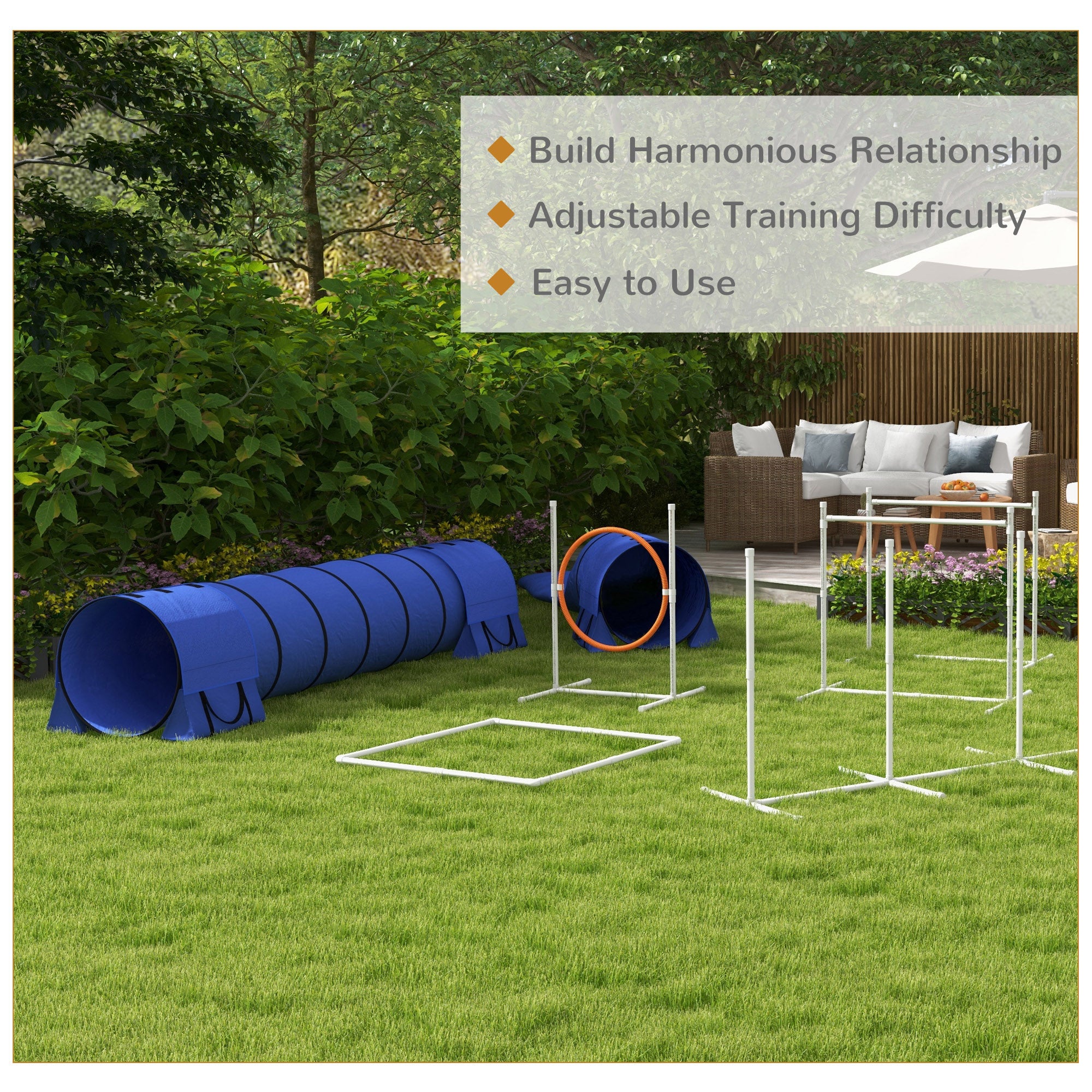 PawHut 7PCs Portable Dog Agility Training Equipment, Pet Agility Training Set with Adjustable Height Jump Ring, Jumper, Weave Poles, Square Pause Box, Carrying Bag, Whistle