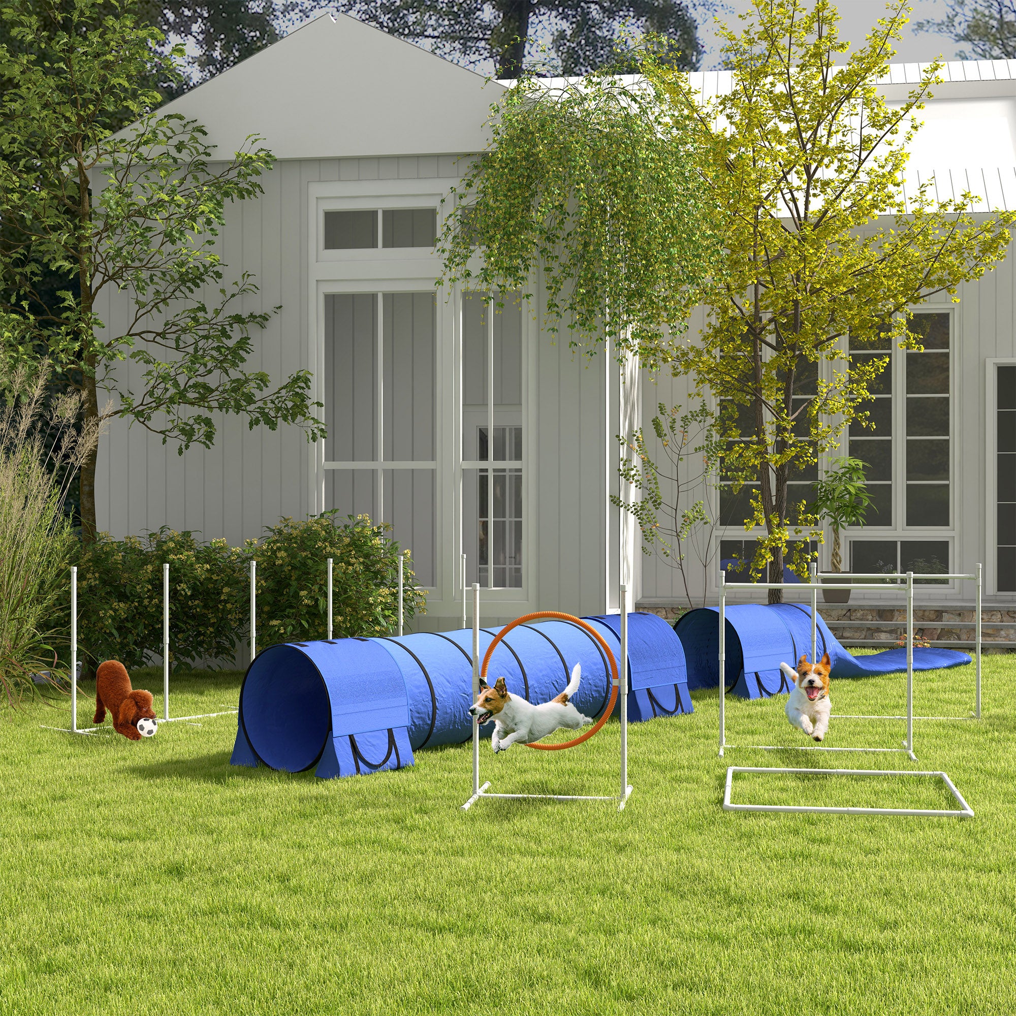 PawHut 7PCs Portable Dog Agility Training Equipment, Pet Agility Training Set with Adjustable Height Jump Ring, Jumper, Weave Poles, Square Pause Box, Carrying Bag, Whistle