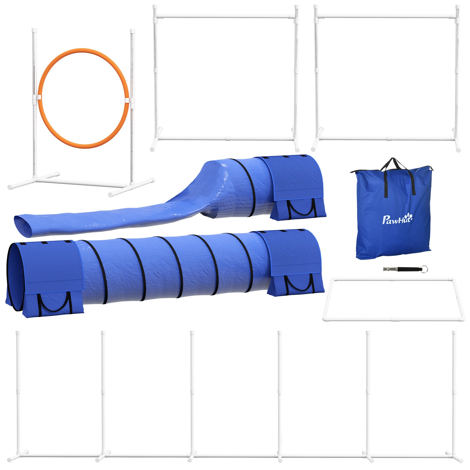 PawHut 7PCs Portable Dog Agility Training Equipment, Pet Agility Training Set with Adjustable Height Jump Ring, Jumper, Weave Poles, Square Pause Box, Carrying Bag, Whistle