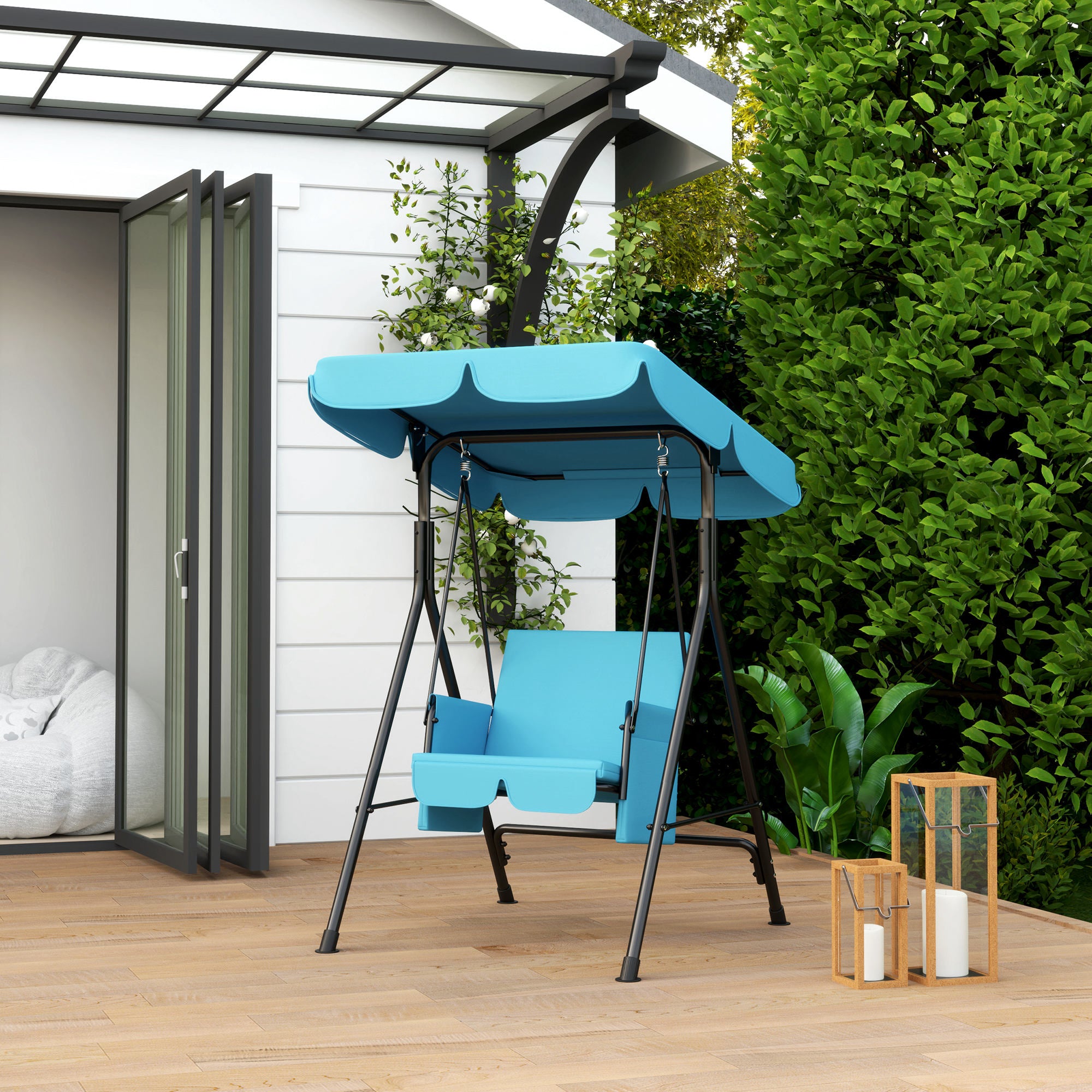 Outsunny 1-Seat Patio Swing Chair, Outdoor Porch Swing Glider with Adjustable Canopy, Cushions and Weather Resistant Steel Frame for Garden, Poolside, Turquoise