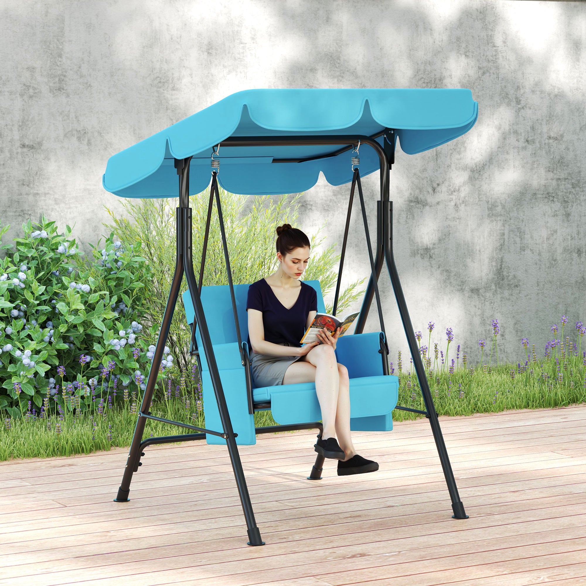 Outsunny 1-Seat Patio Swing Chair, Outdoor Porch Swing Glider with Adjustable Canopy, Cushions and Weather Resistant Steel Frame for Garden, Poolside, Turquoise