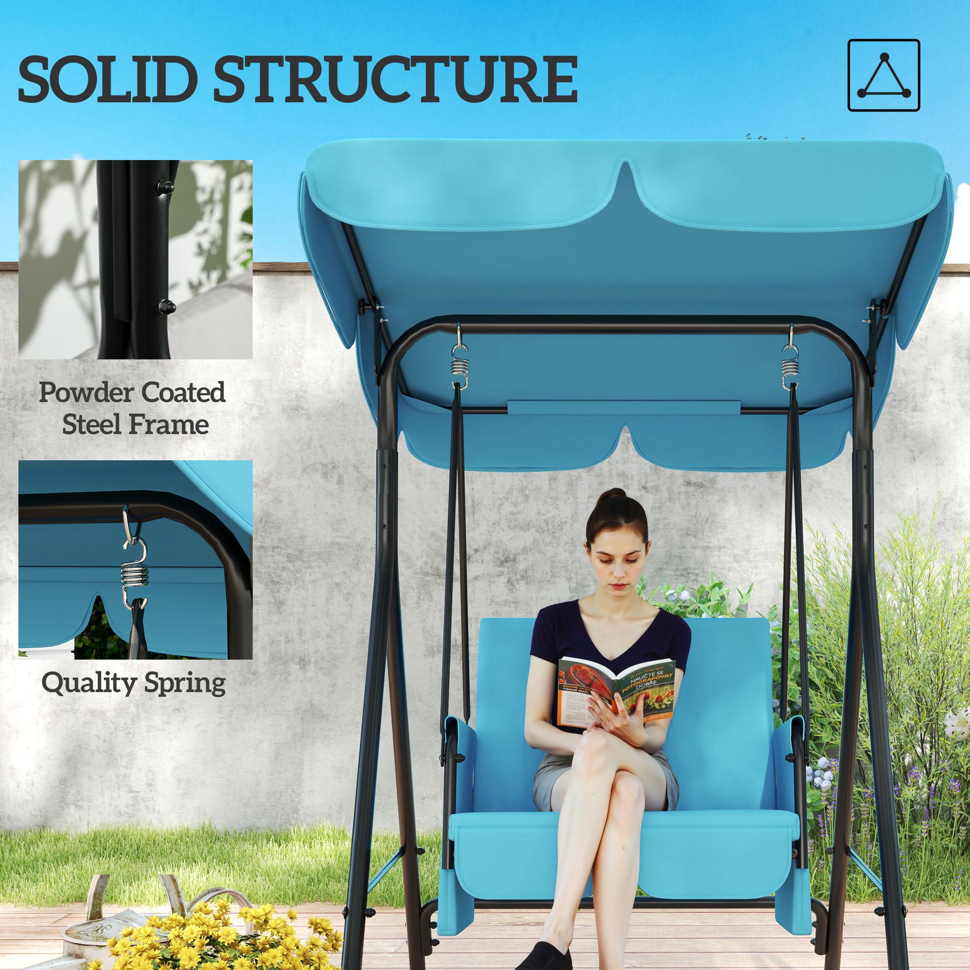 Outsunny 1-Seat Patio Swing Chair, Outdoor Porch Swing Glider with Adjustable Canopy, Cushions and Weather Resistant Steel Frame for Garden, Poolside, Turquoise