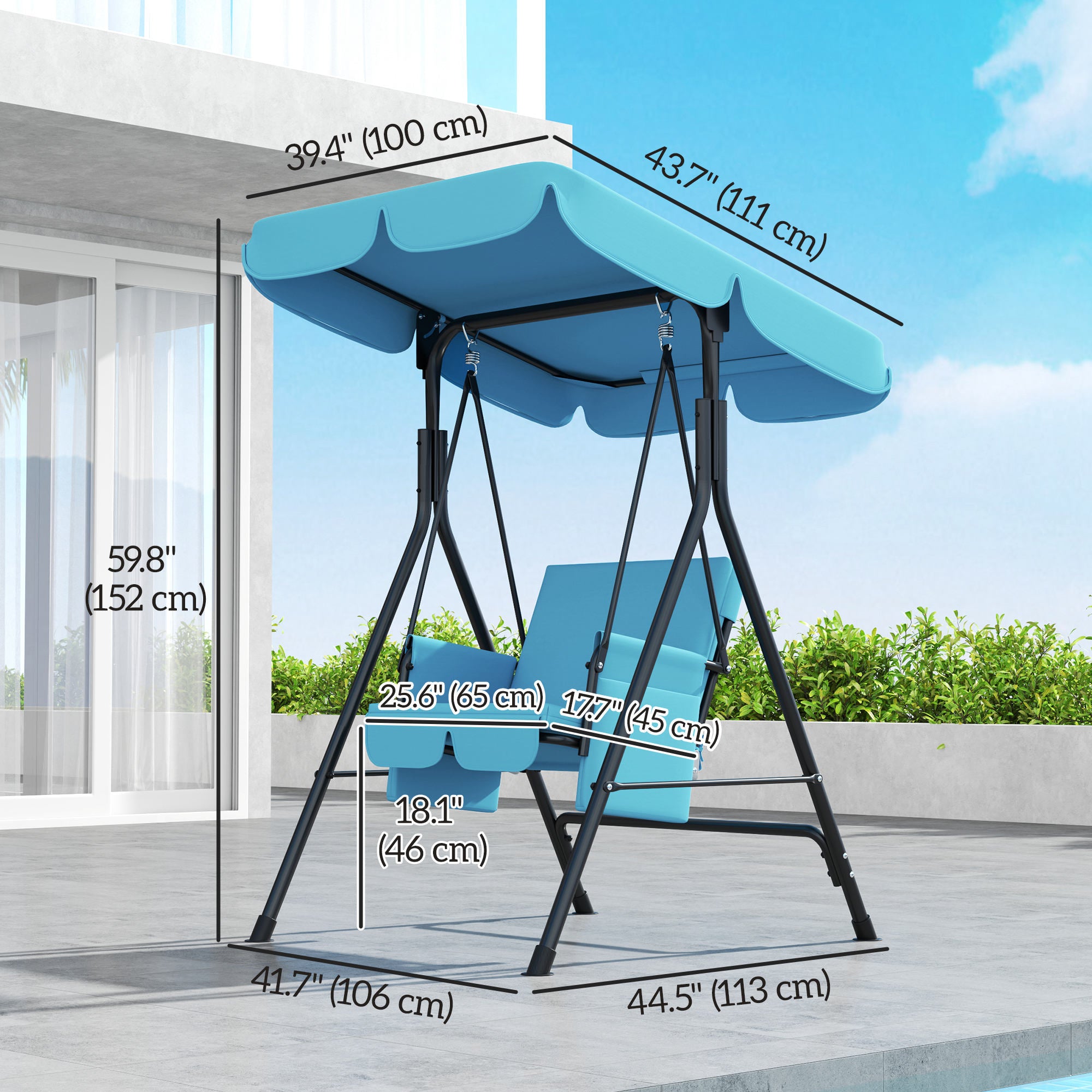 Outsunny 1-Seat Patio Swing Chair, Outdoor Porch Swing Glider with Adjustable Canopy, Cushions and Weather Resistant Steel Frame for Garden, Poolside, Turquoise