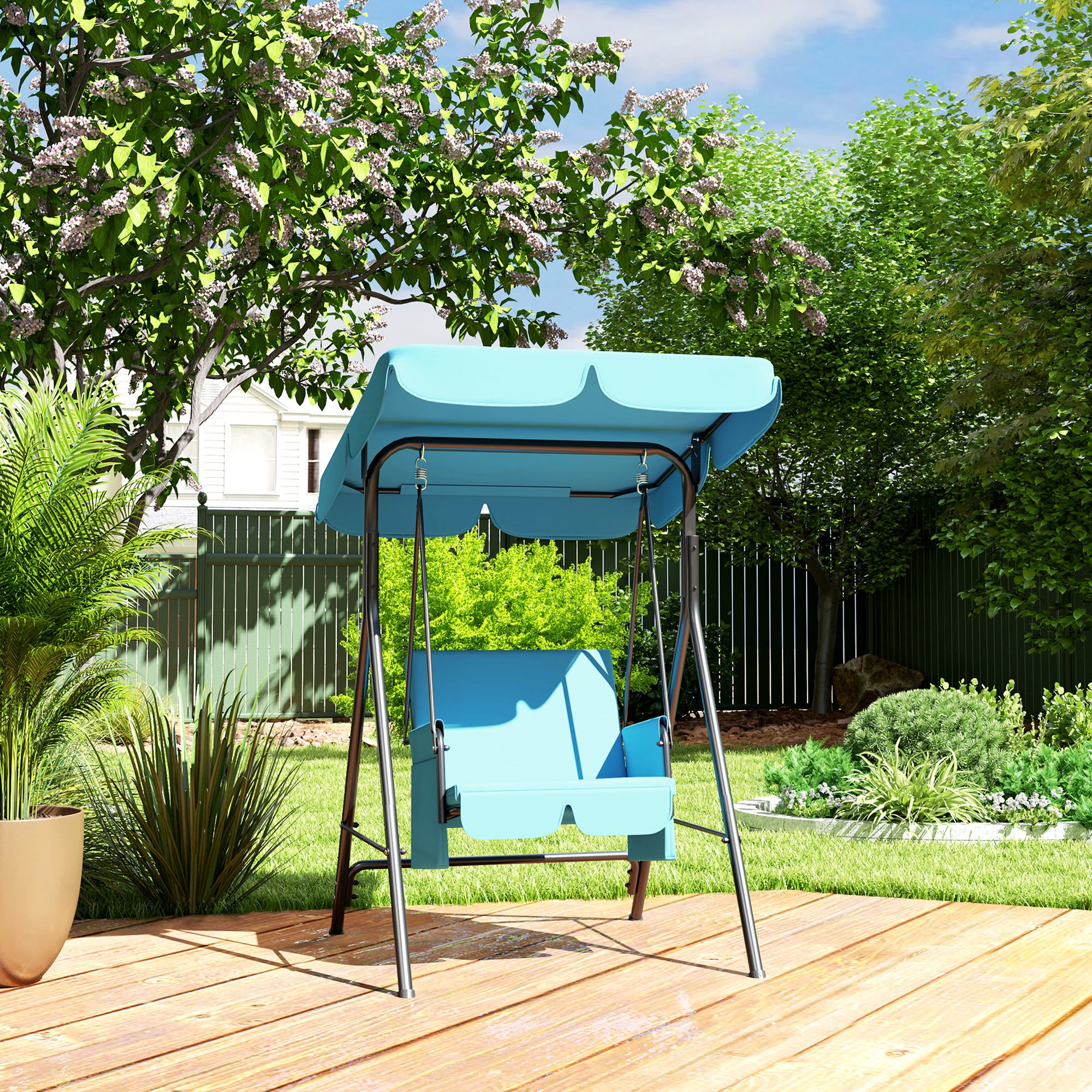 Outsunny 1-Seat Patio Swing Chair, Outdoor Porch Swing Glider with Adjustable Canopy, Cushions and Weather Resistant Steel Frame for Garden, Poolside, Turquoise
