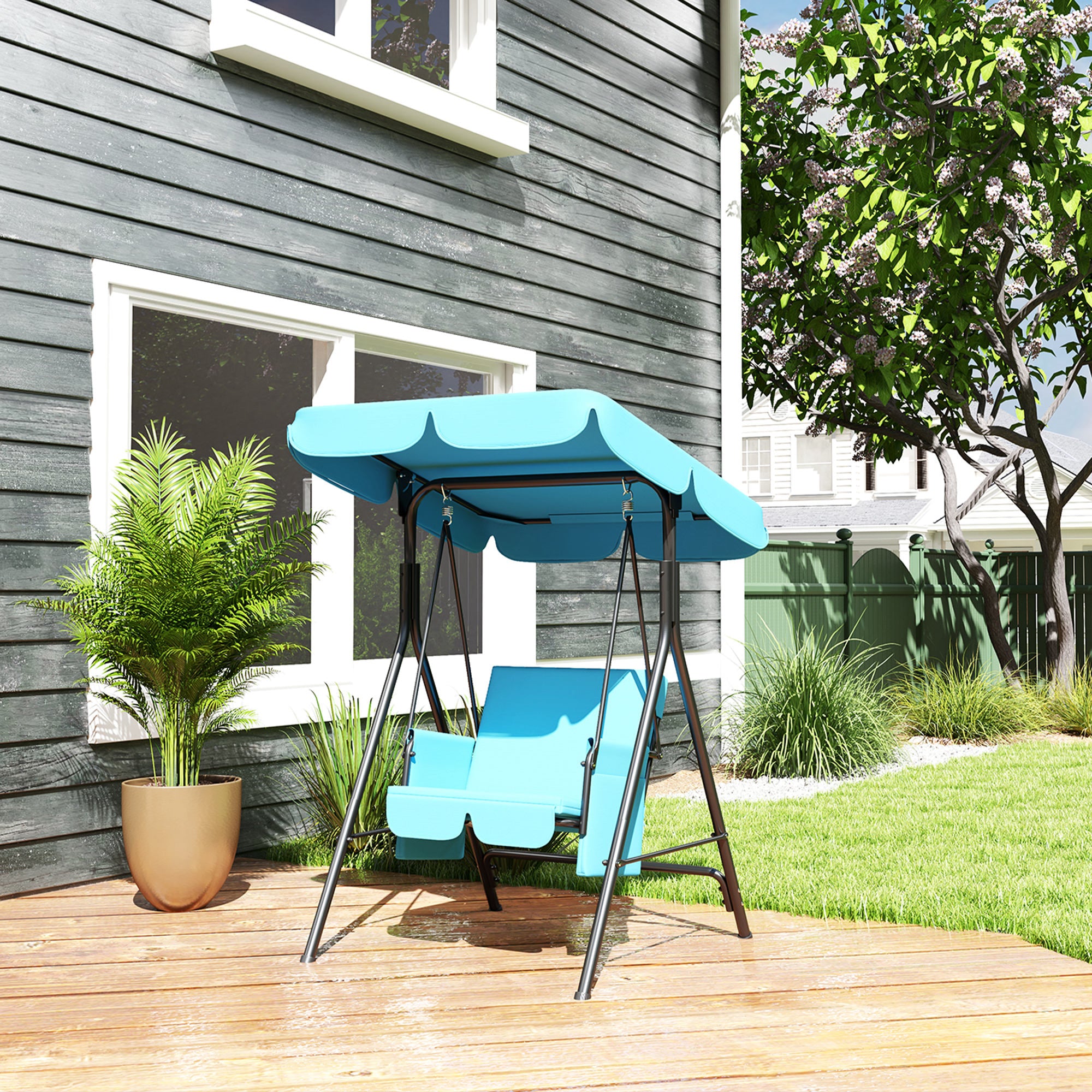 Outsunny 1-Seat Patio Swing Chair, Outdoor Porch Swing Glider with Adjustable Canopy, Cushions and Weather Resistant Steel Frame for Garden, Poolside, Turquoise