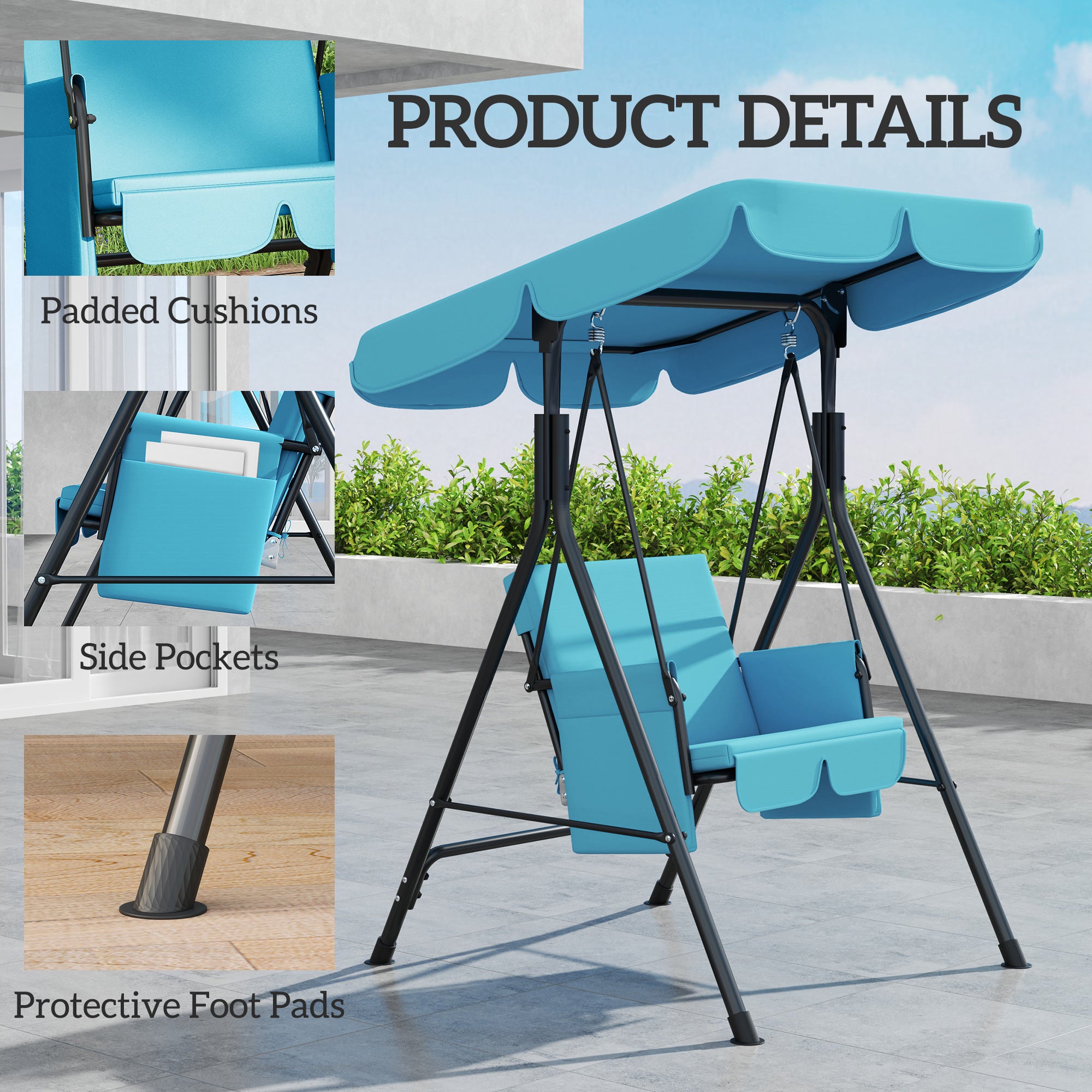 Outsunny 1-Seat Patio Swing Chair, Outdoor Porch Swing Glider with Adjustable Canopy, Cushions and Weather Resistant Steel Frame for Garden, Poolside, Turquoise