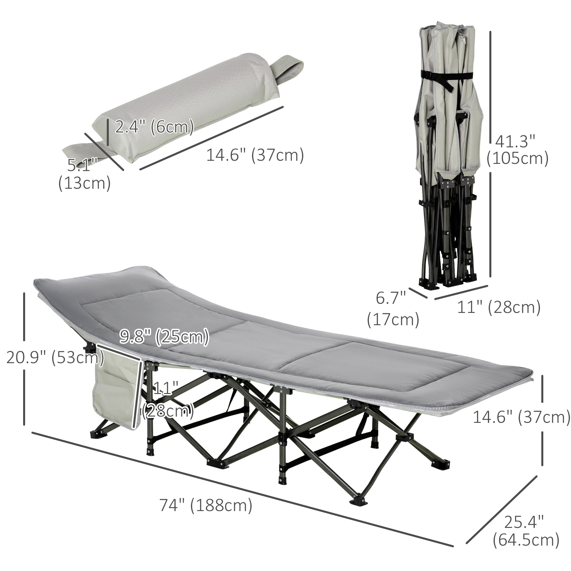 Outsunny Folding Camping Cot for Adults with Mattress & Pillow, Double Layer Oxford Heavy Duty Sleeping Cot with Carry Bag, Portable Travel Camp Cots for Indoor Outdoor, Light Grey
