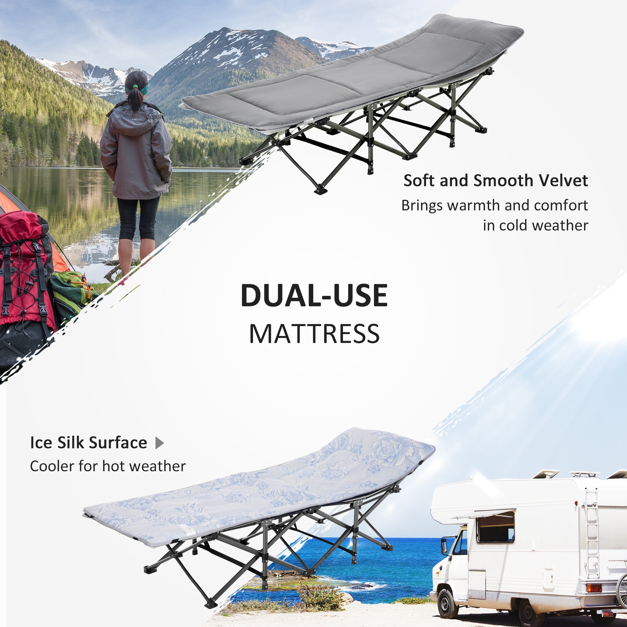 Outsunny Folding Camping Cot for Adults with Mattress & Pillow, Double Layer Oxford Heavy Duty Sleeping Cot with Carry Bag, Portable Travel Camp Cots for Indoor Outdoor, Light Grey