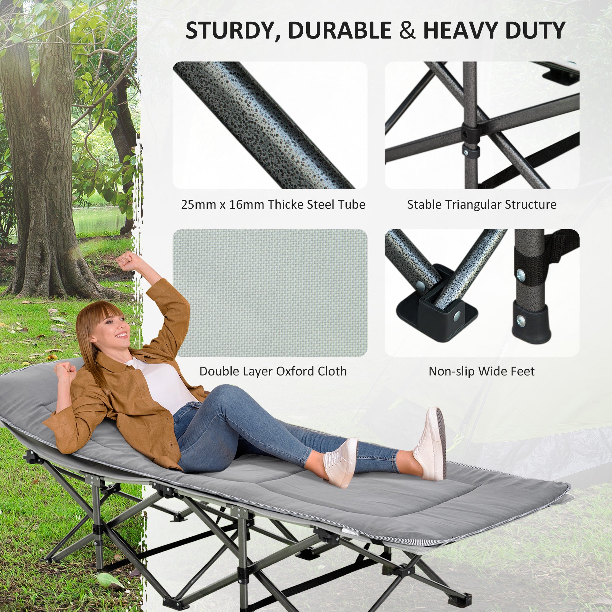 Outsunny Folding Camping Cot for Adults with Mattress & Pillow, Double Layer Oxford Heavy Duty Sleeping Cot with Carry Bag, Portable Travel Camp Cots for Indoor Outdoor, Light Grey