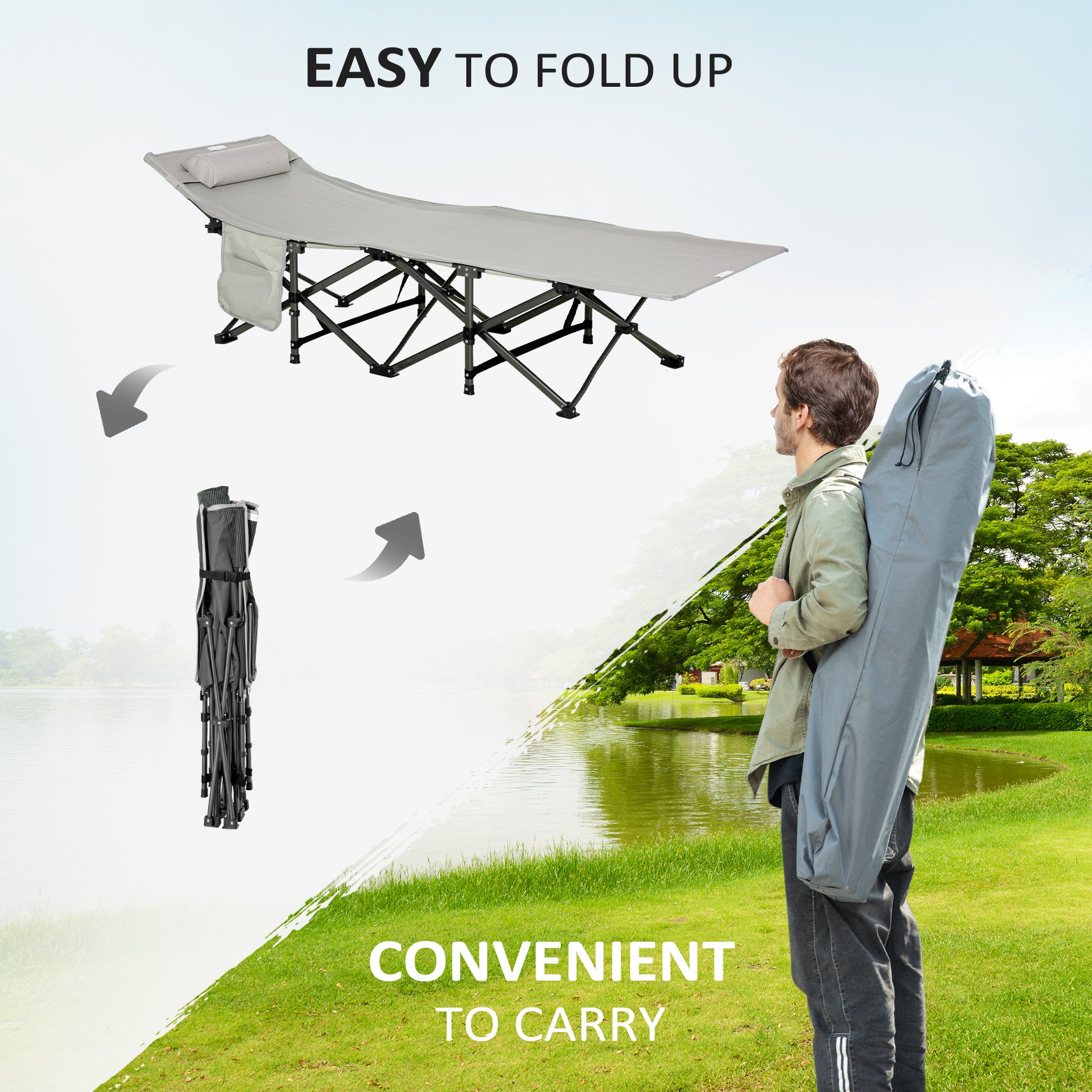 Outsunny Folding Camping Cot for Adults with Mattress & Pillow, Double Layer Oxford Heavy Duty Sleeping Cot with Carry Bag, Portable Travel Camp Cots for Indoor Outdoor, Light Grey
