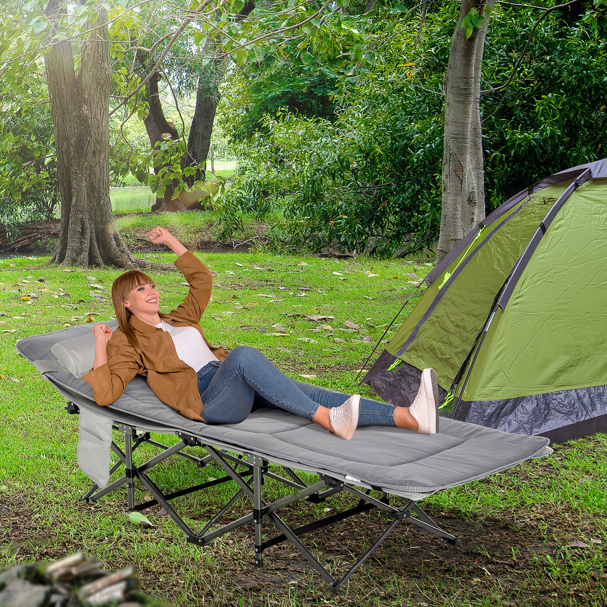 Outsunny Folding Camping Cot for Adults with Mattress & Pillow, Double Layer Oxford Heavy Duty Sleeping Cot with Carry Bag, Portable Travel Camp Cots for Indoor Outdoor, Light Grey