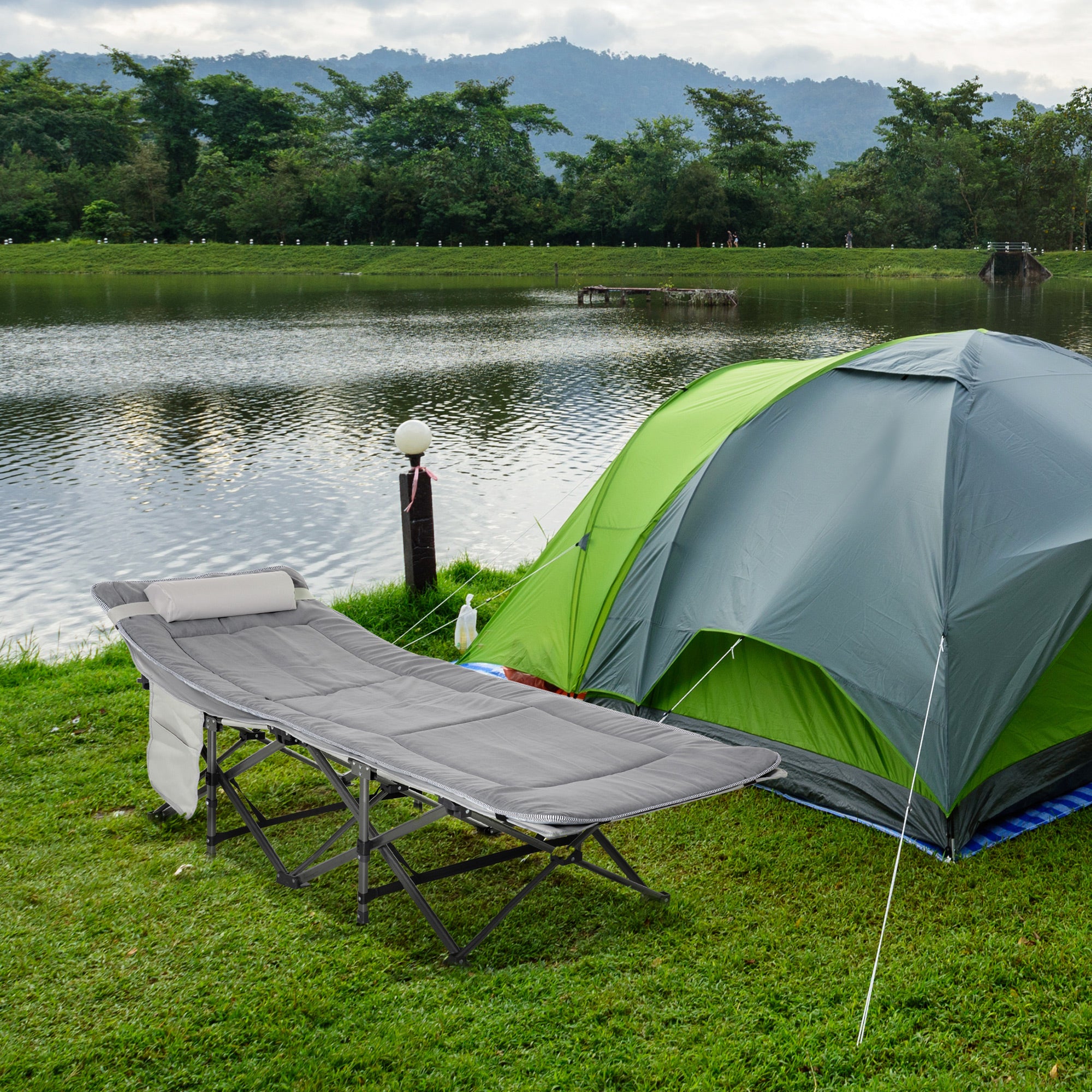 Outsunny Folding Camping Cot for Adults with Mattress & Pillow, Double Layer Oxford Heavy Duty Sleeping Cot with Carry Bag, Portable Travel Camp Cots for Indoor Outdoor, Light Grey