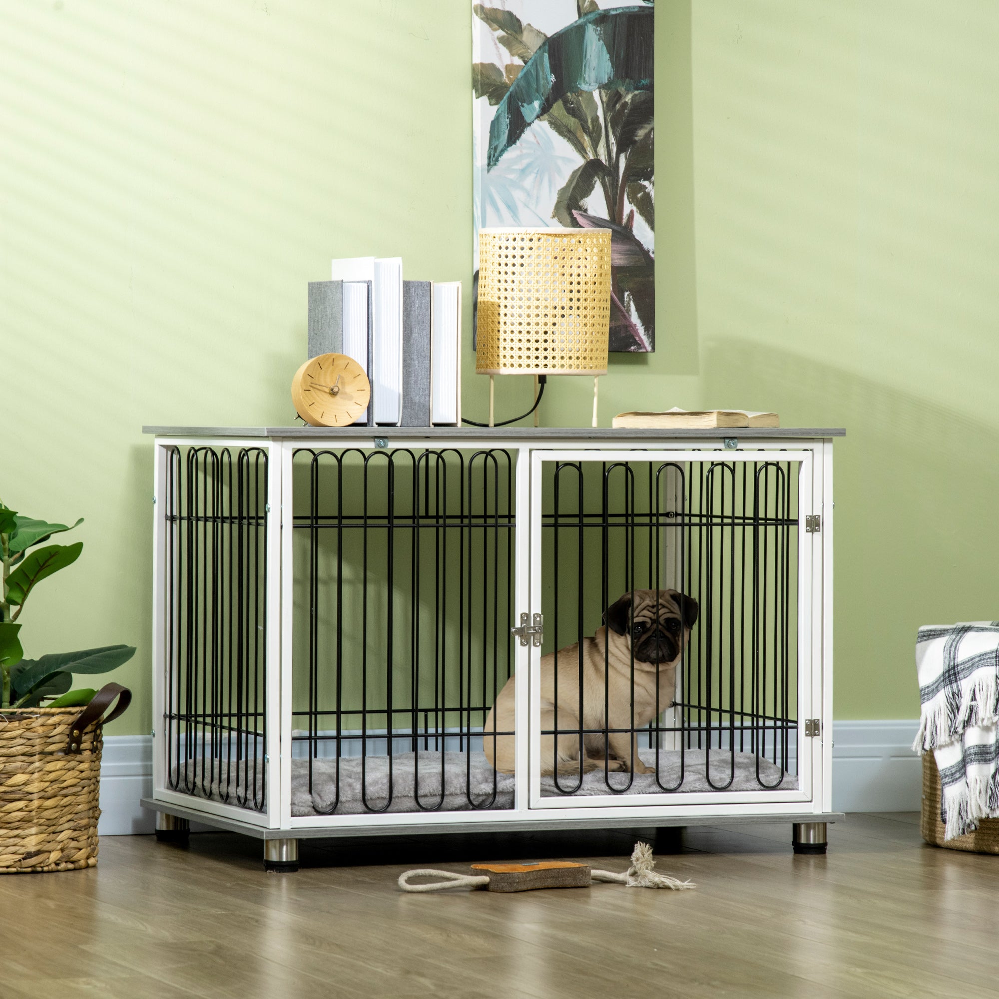 PawHut Dog Crate Furniture, Indoor Dog Kennel Side End Table w/ Soft Washable Cushion, Lockable Door, for Small and Medium Dogs