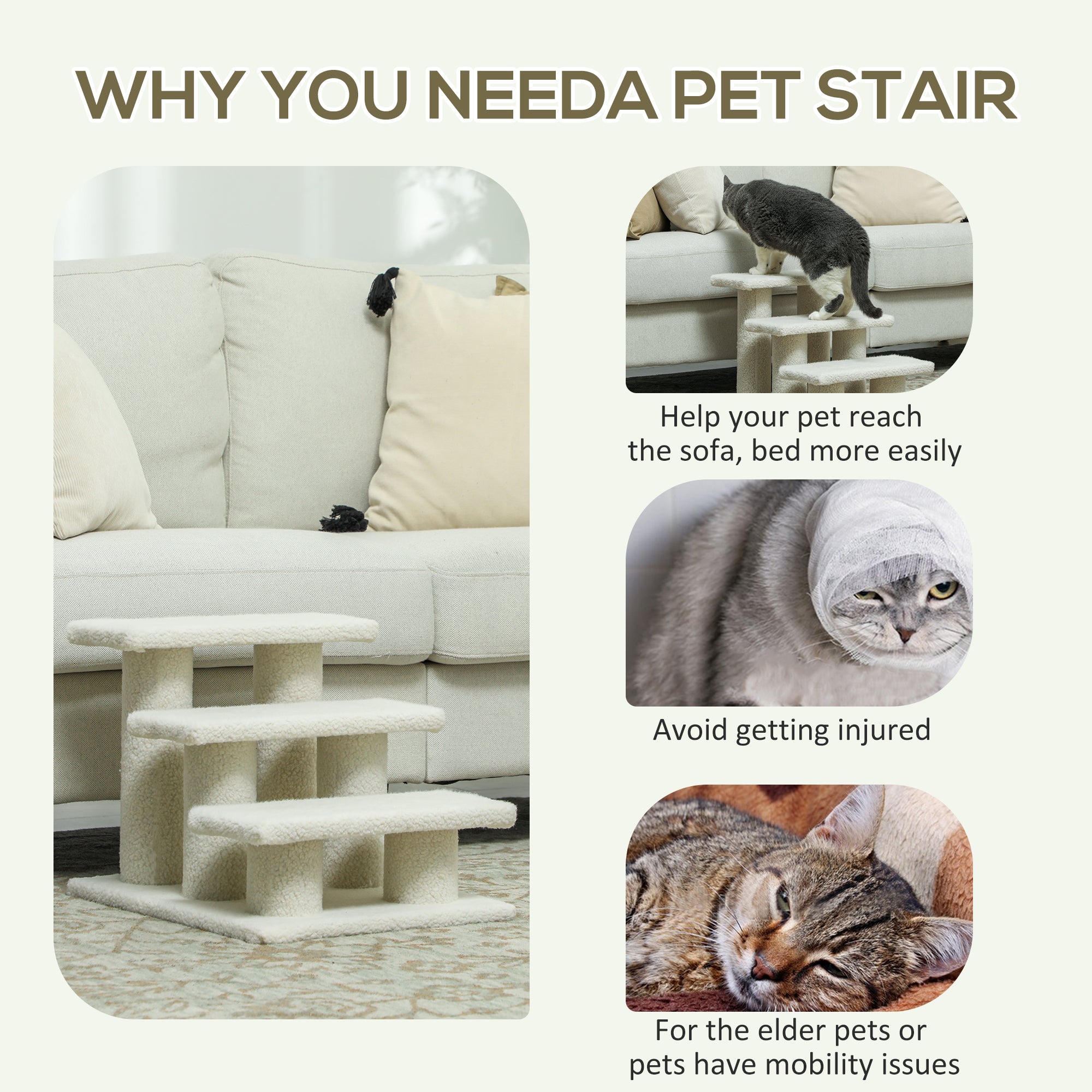 PawHut 3-Step Multi-Level Carpeted Cat Scratching Post Pet Stairs, Beige