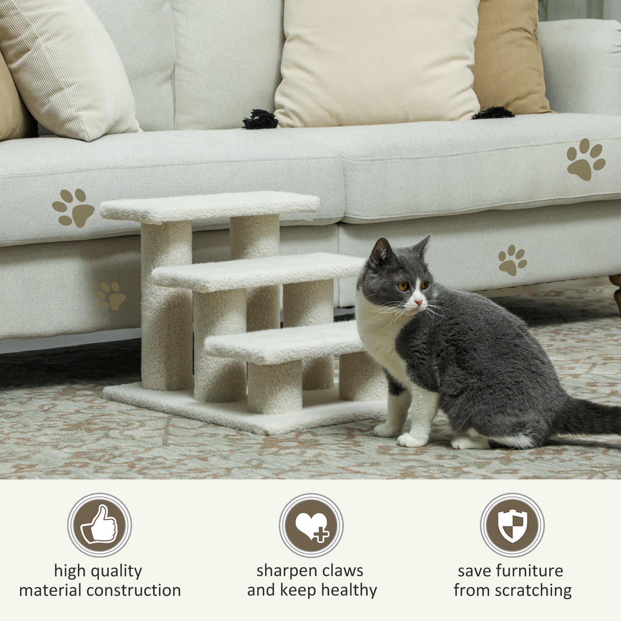 PawHut 3-Step Multi-Level Carpeted Cat Scratching Post Pet Stairs, Beige