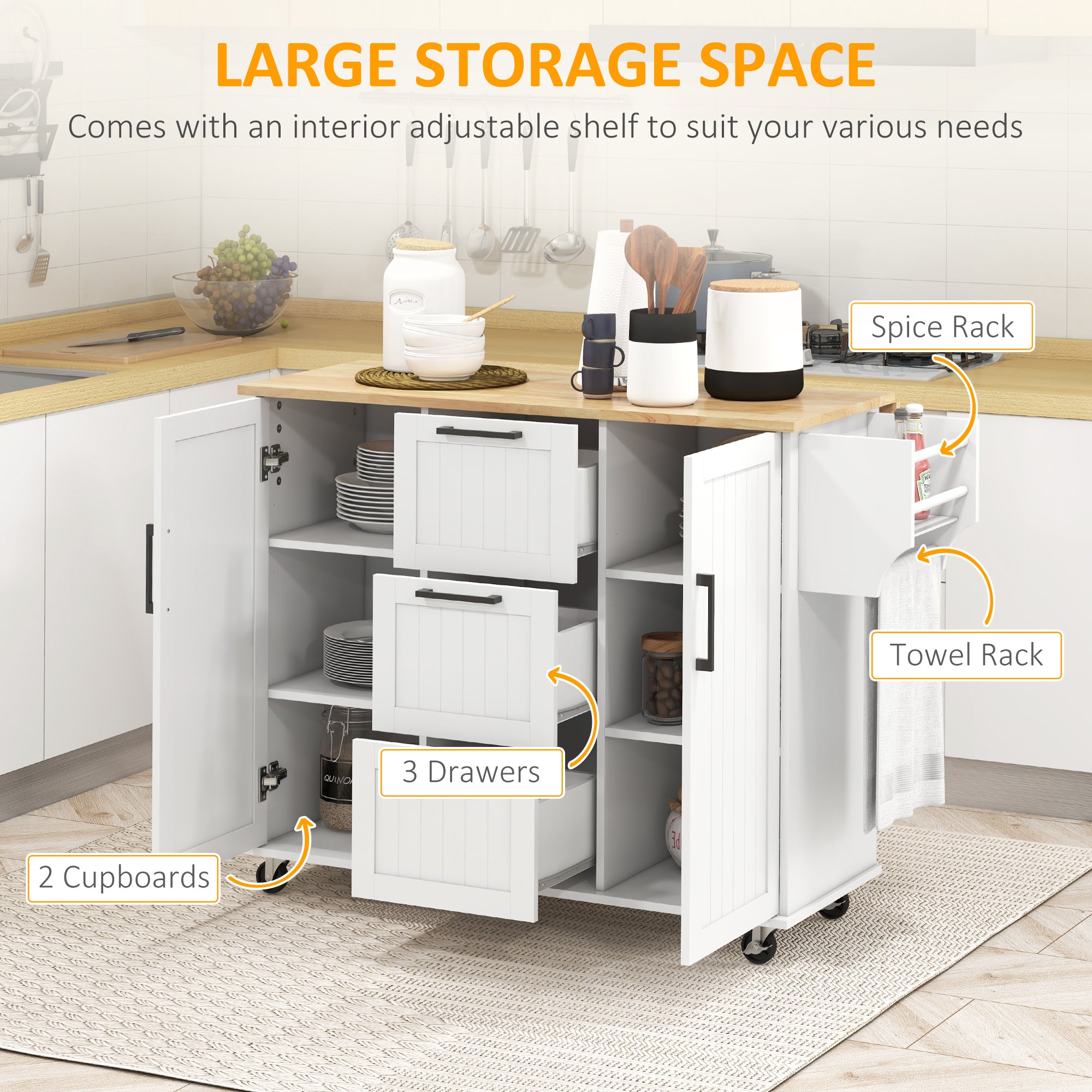 HOMCOM Kitchen Island with Drop Leaf, Rolling Kitchen Cart on Wheels with 3 Drawers, 2 Cabinets, Natural Wood Top, Spice Rack and Towel Rack, White