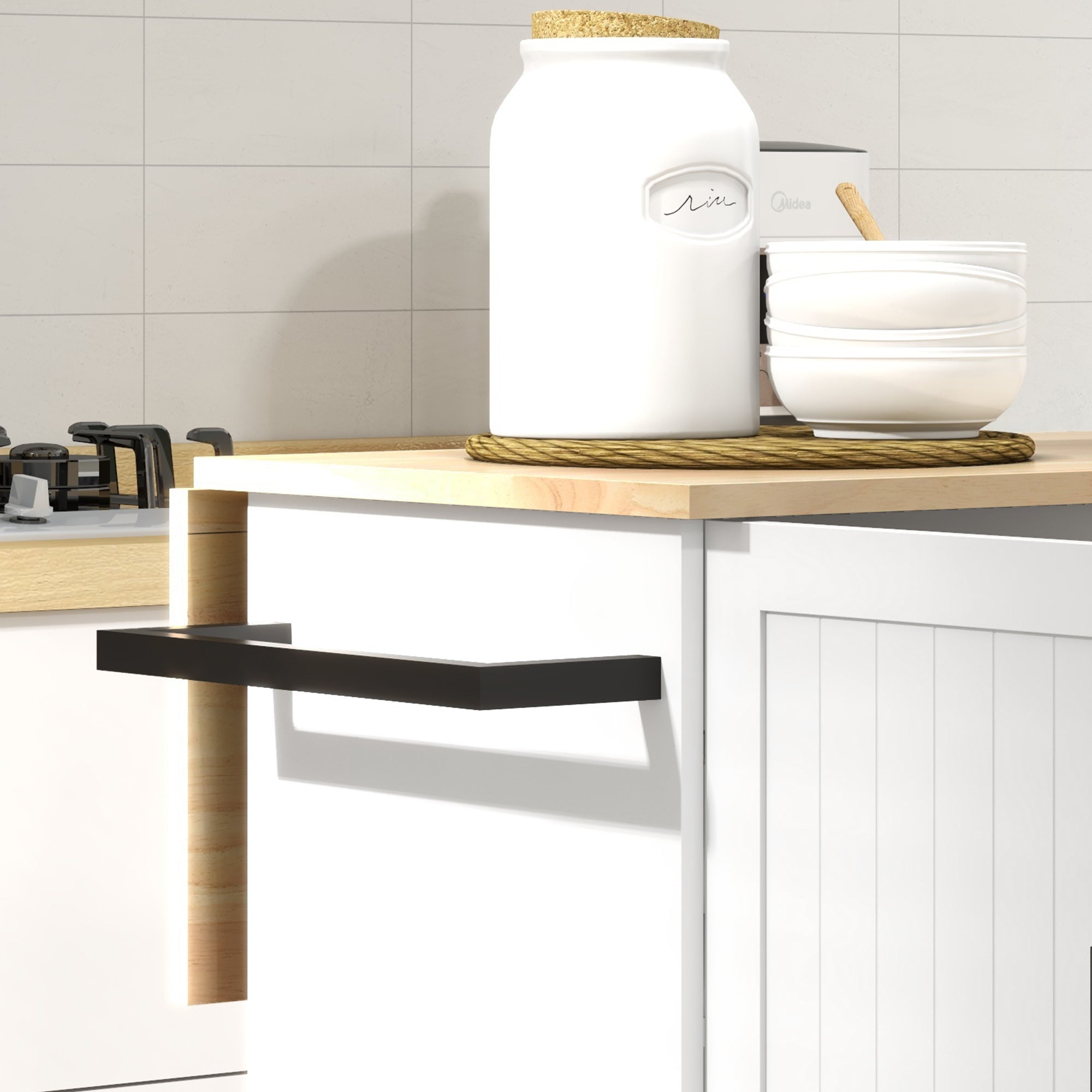 HOMCOM Kitchen Island with Drop Leaf, Rolling Kitchen Cart on Wheels with 3 Drawers, 2 Cabinets, Natural Wood Top, Spice Rack and Towel Rack, White