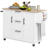 HOMCOM Kitchen Island with Drop Leaf, Rolling Kitchen Cart on Wheels with 3 Drawers, 2 Cabinets, Natural Wood Top, Spice Rack and Towel Rack, White