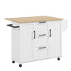 HOMCOM Kitchen Island with Drop Leaf, Rolling Kitchen Cart on Wheels with 3 Drawers, 2 Cabinets, Natural Wood Top, Spice Rack and Towel Rack, White