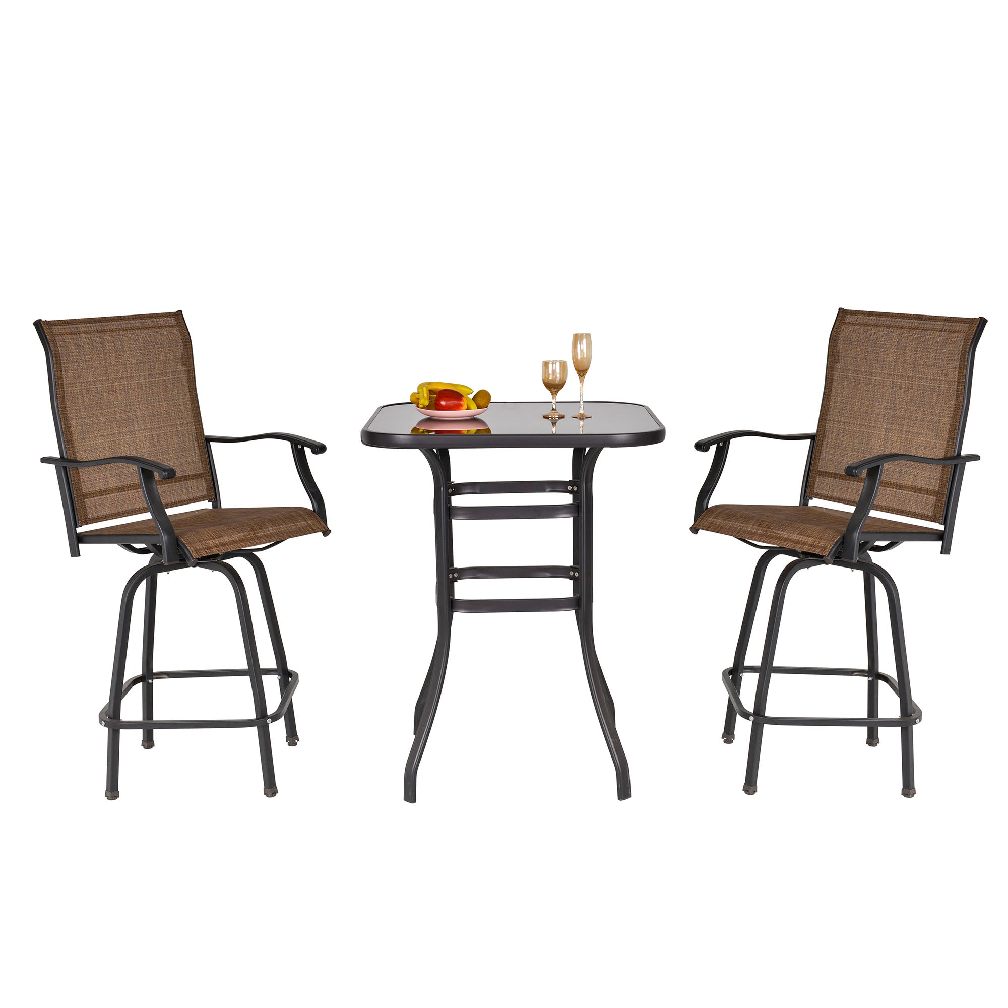 Outsunny 3 Piece Outdoor Patio Bar Set, 2 Swivel Stool and 1 Bar Table, All-Weather, Metal Frame for Balcony, Backyard, Deck, Brown