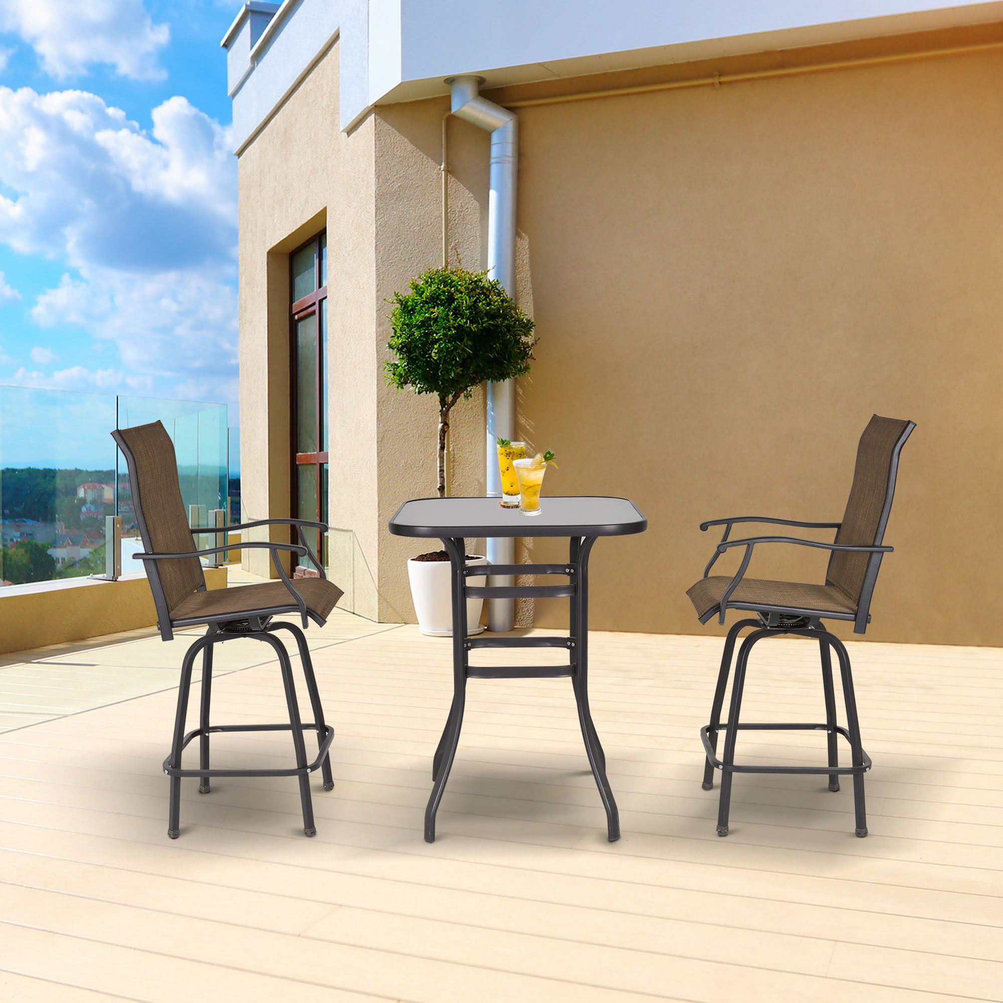 Outsunny 3 Piece Outdoor Patio Bar Set, 2 Swivel Stool and 1 Bar Table, All-Weather, Metal Frame for Balcony, Backyard, Deck, Brown