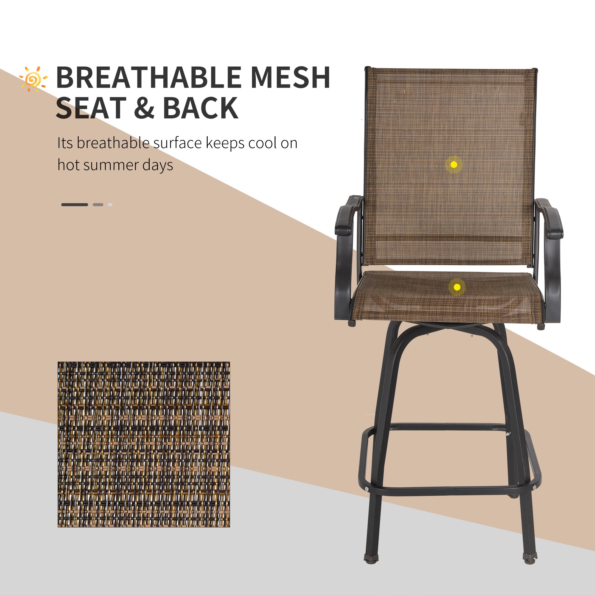 Outsunny 3 Piece Outdoor Patio Bar Set, 2 Swivel Stool and 1 Bar Table, All-Weather, Metal Frame for Balcony, Backyard, Deck, Brown