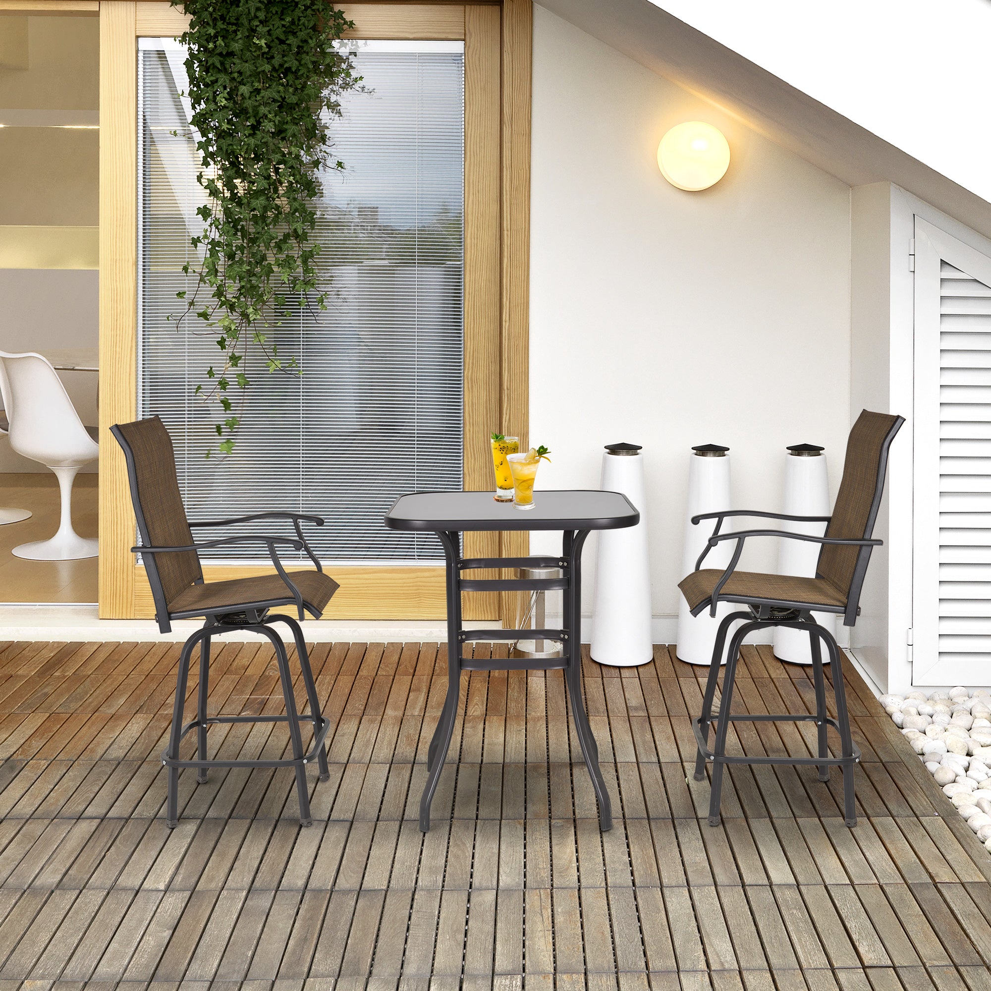 Outsunny 3 Piece Outdoor Patio Bar Set, 2 Swivel Stool and 1 Bar Table, All-Weather, Metal Frame for Balcony, Backyard, Deck, Brown