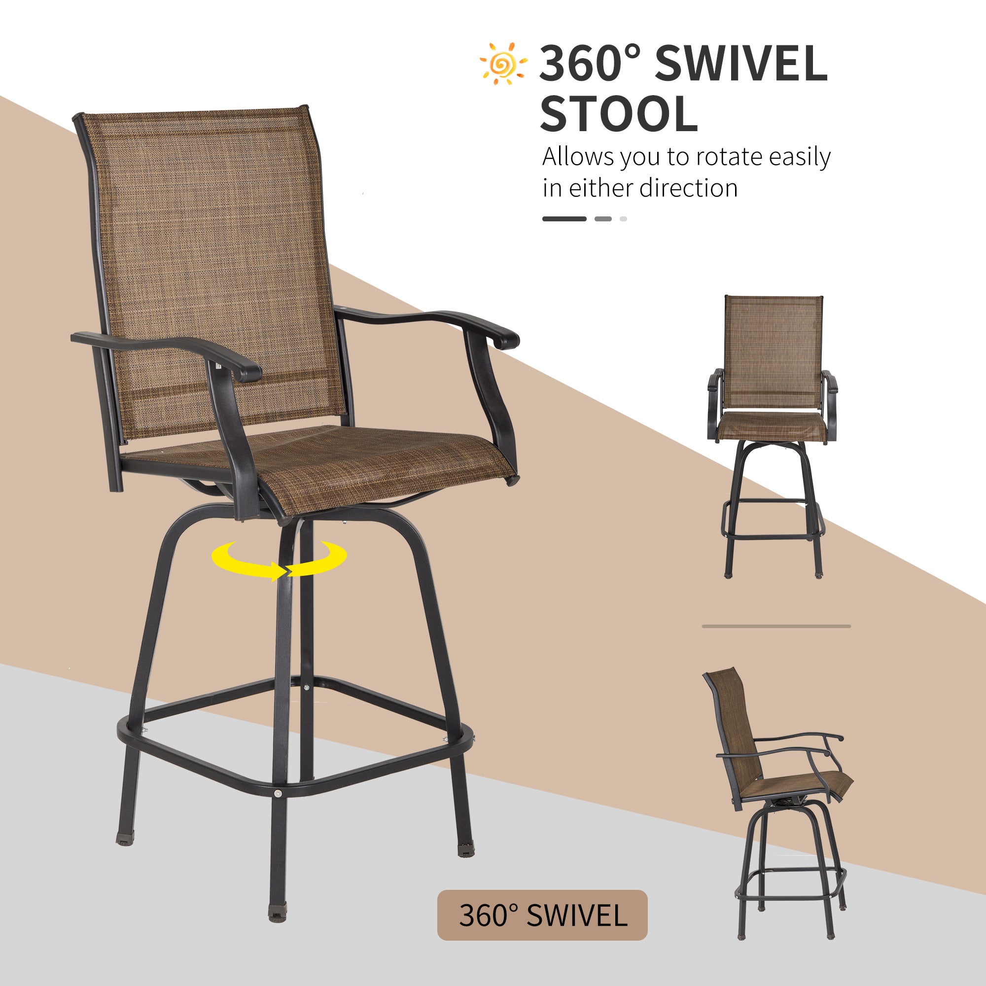 Outsunny 3 Piece Outdoor Patio Bar Set, 2 Swivel Stool and 1 Bar Table, All-Weather, Metal Frame for Balcony, Backyard, Deck, Brown