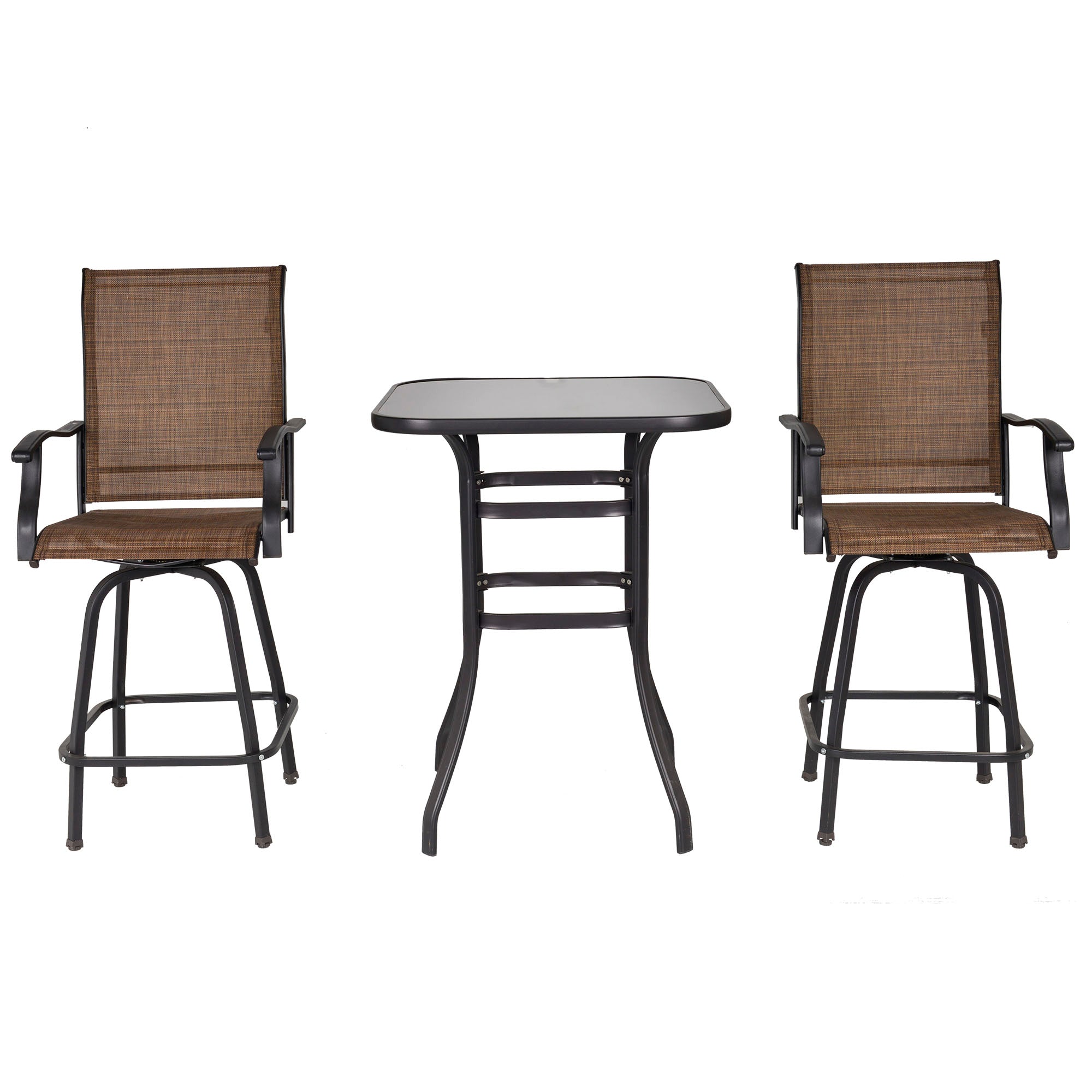 Outsunny 3 Piece Outdoor Patio Bar Set, 2 Swivel Stool and 1 Bar Table, All-Weather, Metal Frame for Balcony, Backyard, Deck, Brown