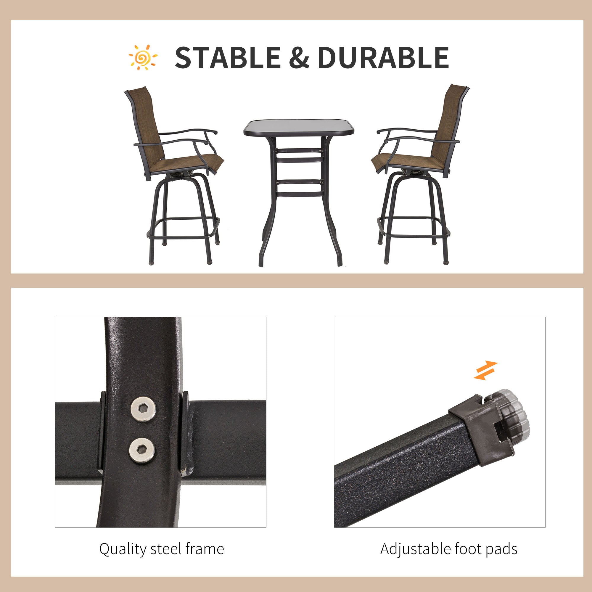 Outsunny 3 Piece Outdoor Patio Bar Set, 2 Swivel Stool and 1 Bar Table, All-Weather, Metal Frame for Balcony, Backyard, Deck, Brown