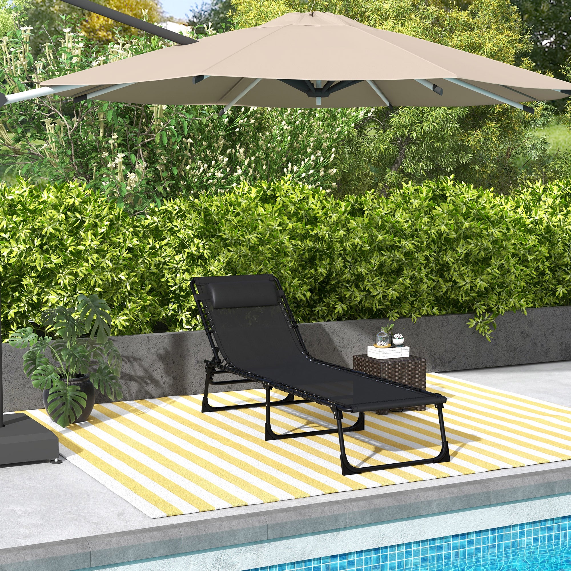 Outsunny Outdoor Folding Lounge Chair, 4-Level Adjustable Chaise Lounge with Headrest, Tanning Chair Beach Bed Reclining Lounger Cot for Camping, Hiking, Backyard, Black