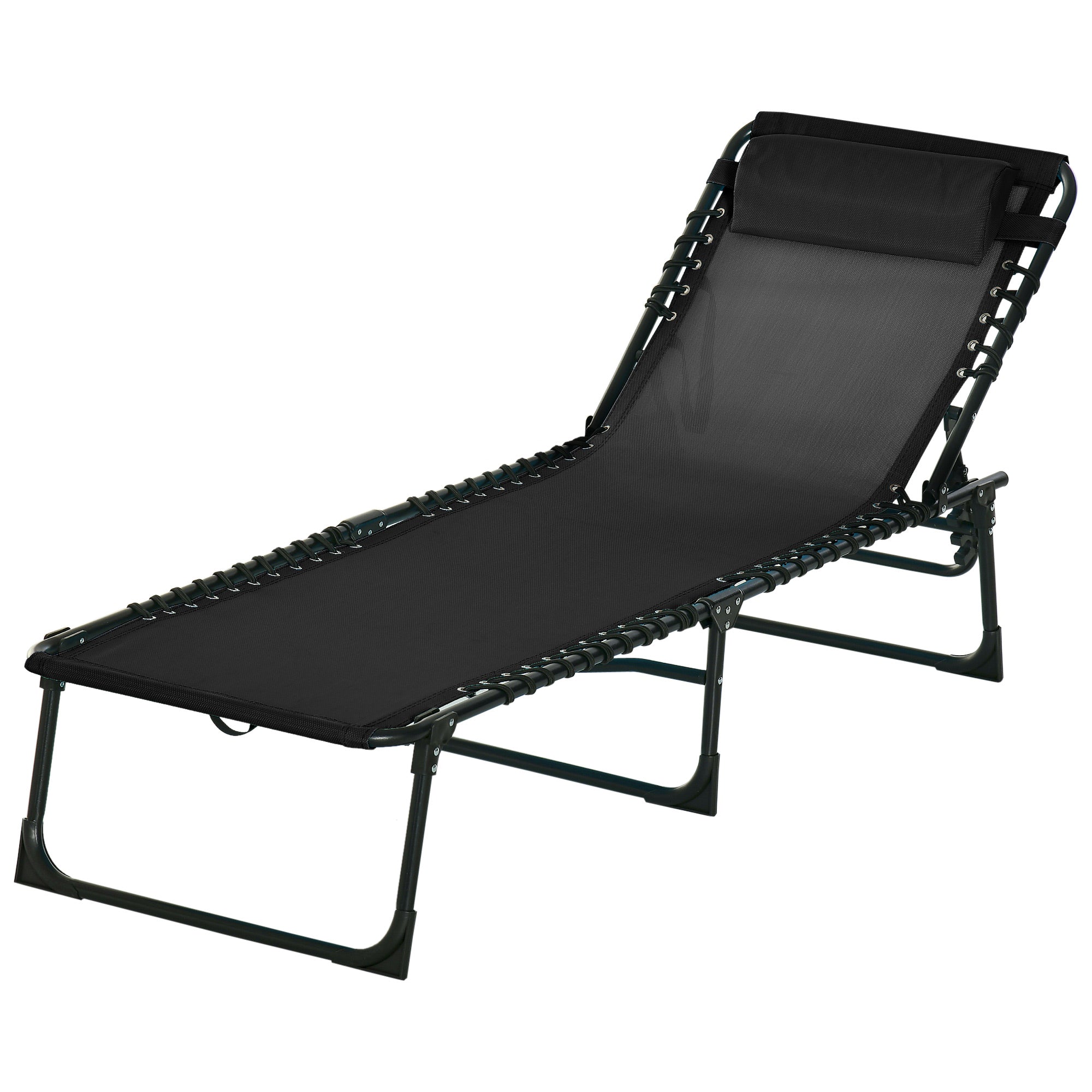 Outsunny Outdoor Folding Lounge Chair, 4-Level Adjustable Chaise Lounge with Headrest, Tanning Chair Beach Bed Reclining Lounger Cot for Camping, Hiking, Backyard, Black