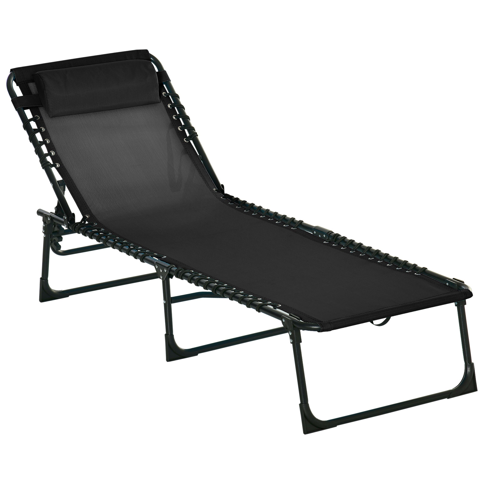 Outsunny Outdoor Folding Lounge Chair, 4-Level Adjustable Chaise Lounge with Headrest, Tanning Chair Beach Bed Reclining Lounger Cot for Camping, Hiking, Backyard, Black