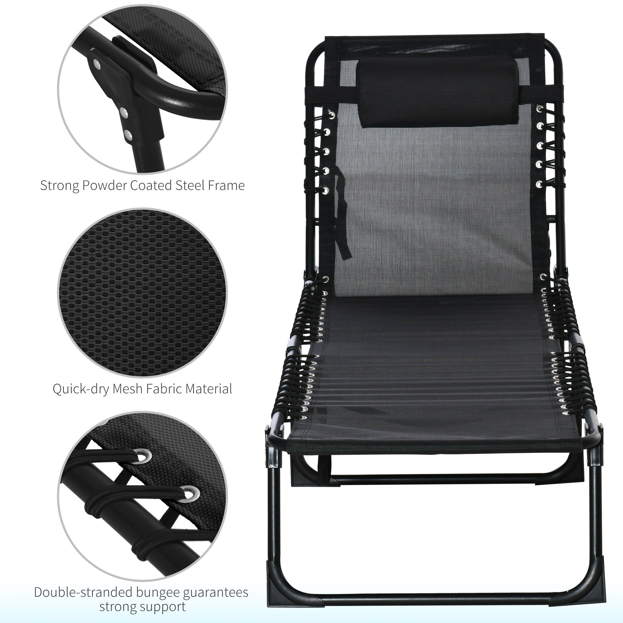 Outsunny Outdoor Folding Lounge Chair, 4-Level Adjustable Chaise Lounge with Headrest, Tanning Chair Beach Bed Reclining Lounger Cot for Camping, Hiking, Backyard, Black