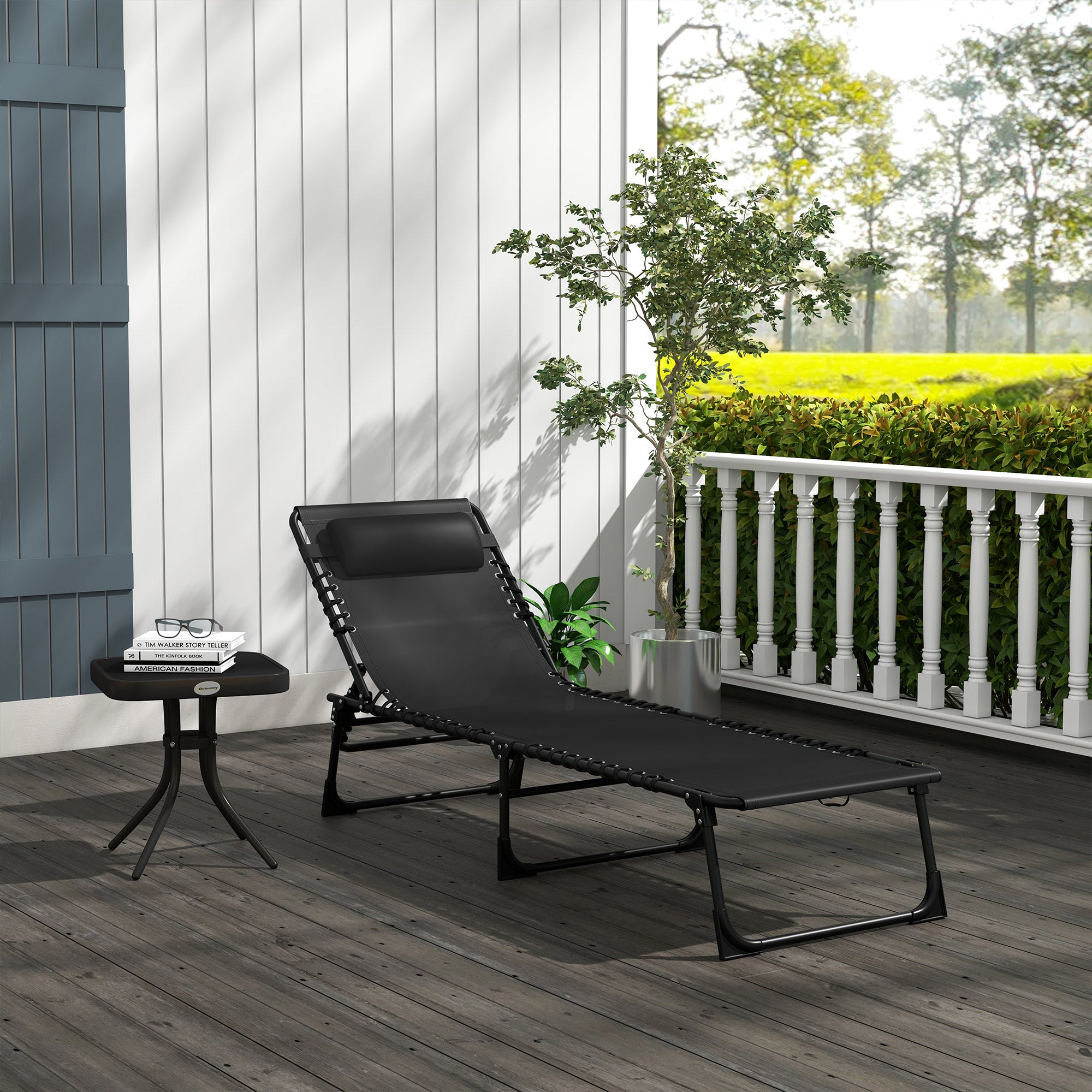 Outsunny Outdoor Folding Lounge Chair, 4-Level Adjustable Chaise Lounge with Headrest, Tanning Chair Beach Bed Reclining Lounger Cot for Camping, Hiking, Backyard, Black
