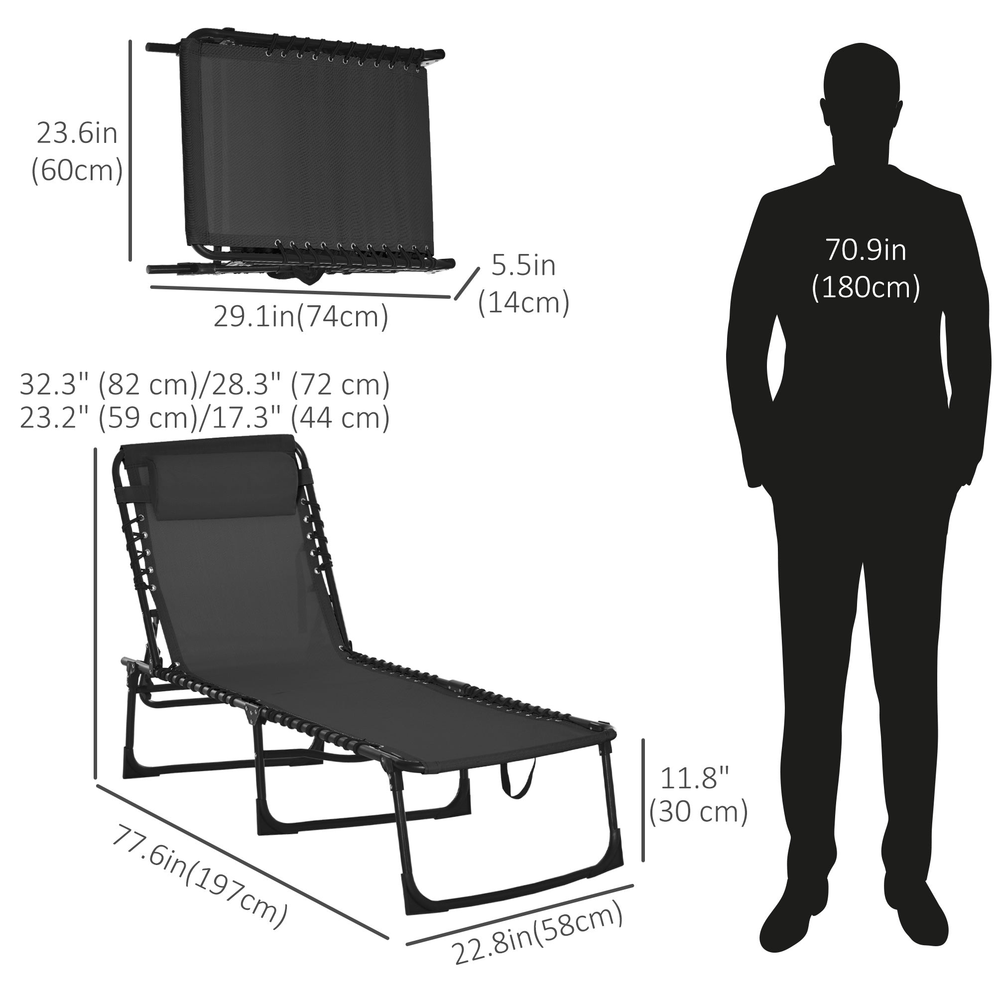 Outsunny Outdoor Folding Lounge Chair, 4-Level Adjustable Chaise Lounge with Headrest, Tanning Chair Beach Bed Reclining Lounger Cot for Camping, Hiking, Backyard, Black