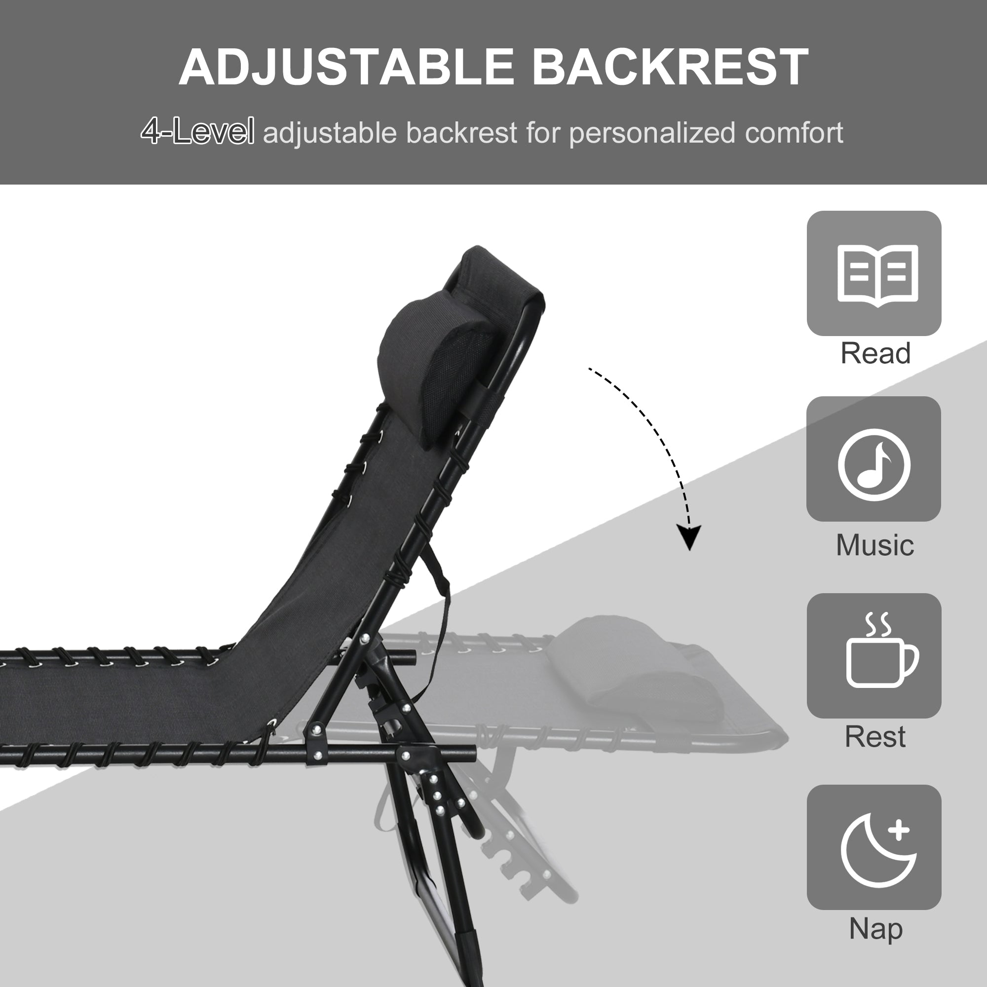 Outsunny Outdoor Folding Lounge Chair, 4-Level Adjustable Chaise Lounge with Headrest, Tanning Chair Beach Bed Reclining Lounger Cot for Camping, Hiking, Backyard, Black
