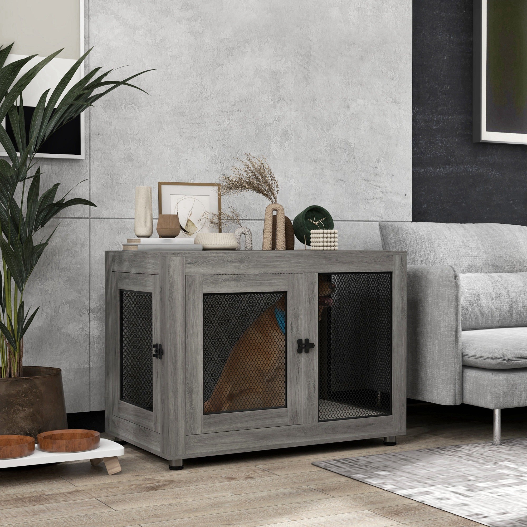 PawHut 37" Double-Door Dog Crate Furniture for Large Medium Dogs, Pet Crate End Table with Water-Resistant Cushion, Wooden Dog Cage Kennel Furniture for Indoor Use, Grey