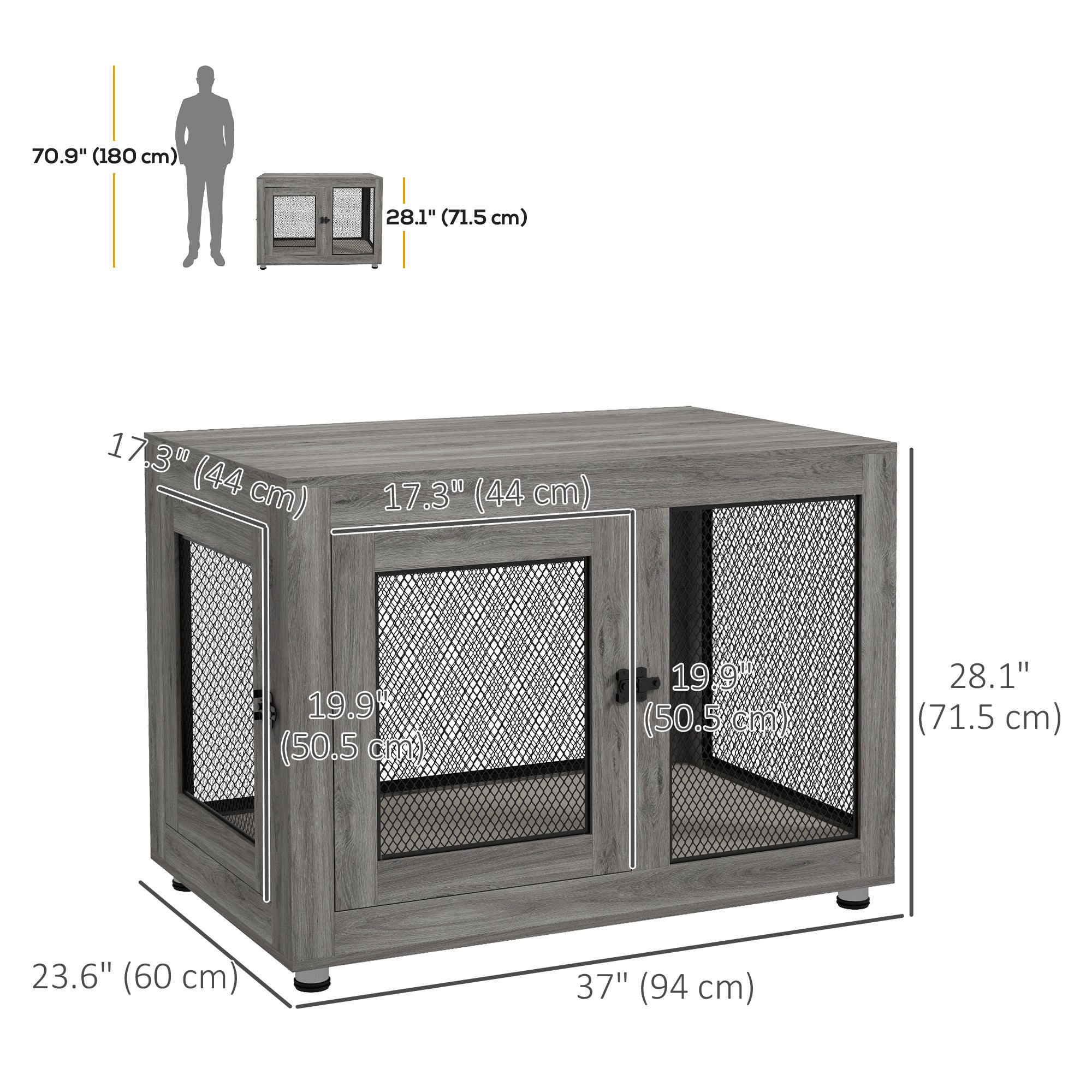 PawHut 37" Double-Door Dog Crate Furniture for Large Medium Dogs, Pet Crate End Table with Water-Resistant Cushion, Wooden Dog Cage Kennel Furniture for Indoor Use, Grey