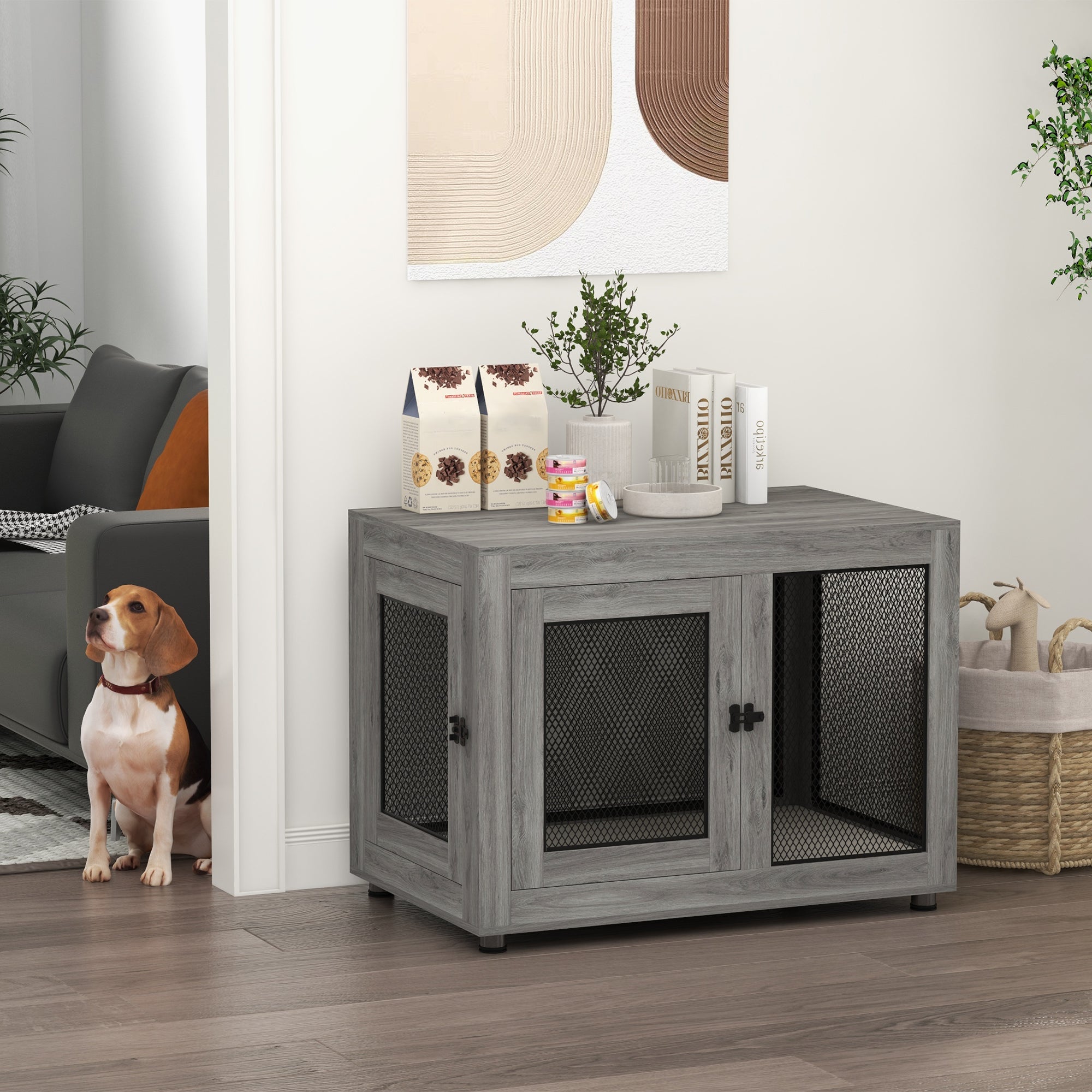 PawHut 37" Double-Door Dog Crate Furniture for Large Medium Dogs, Pet Crate End Table with Water-Resistant Cushion, Wooden Dog Cage Kennel Furniture for Indoor Use, Grey