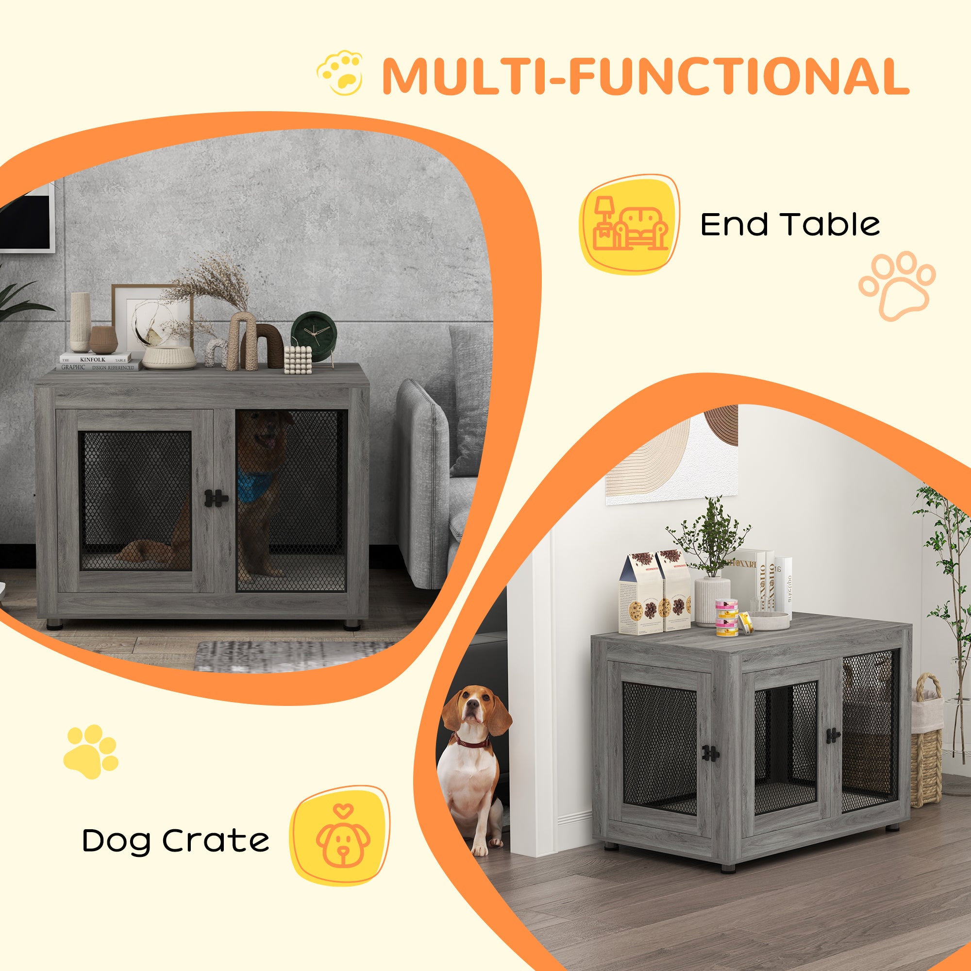 PawHut 37" Double-Door Dog Crate Furniture for Large Medium Dogs, Pet Crate End Table with Water-Resistant Cushion, Wooden Dog Cage Kennel Furniture for Indoor Use, Grey