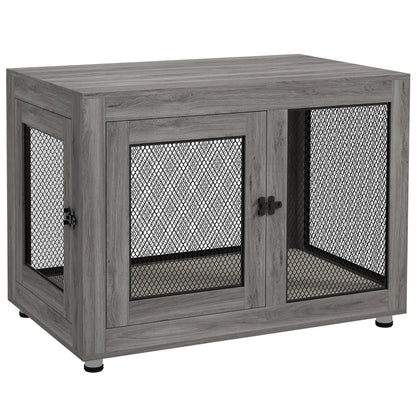 PawHut 37" Double-Door Dog Crate Furniture for Large Medium Dogs, Pet Crate End Table with Water-Resistant Cushion, Wooden Dog Cage Kennel Furniture for Indoor Use, Grey