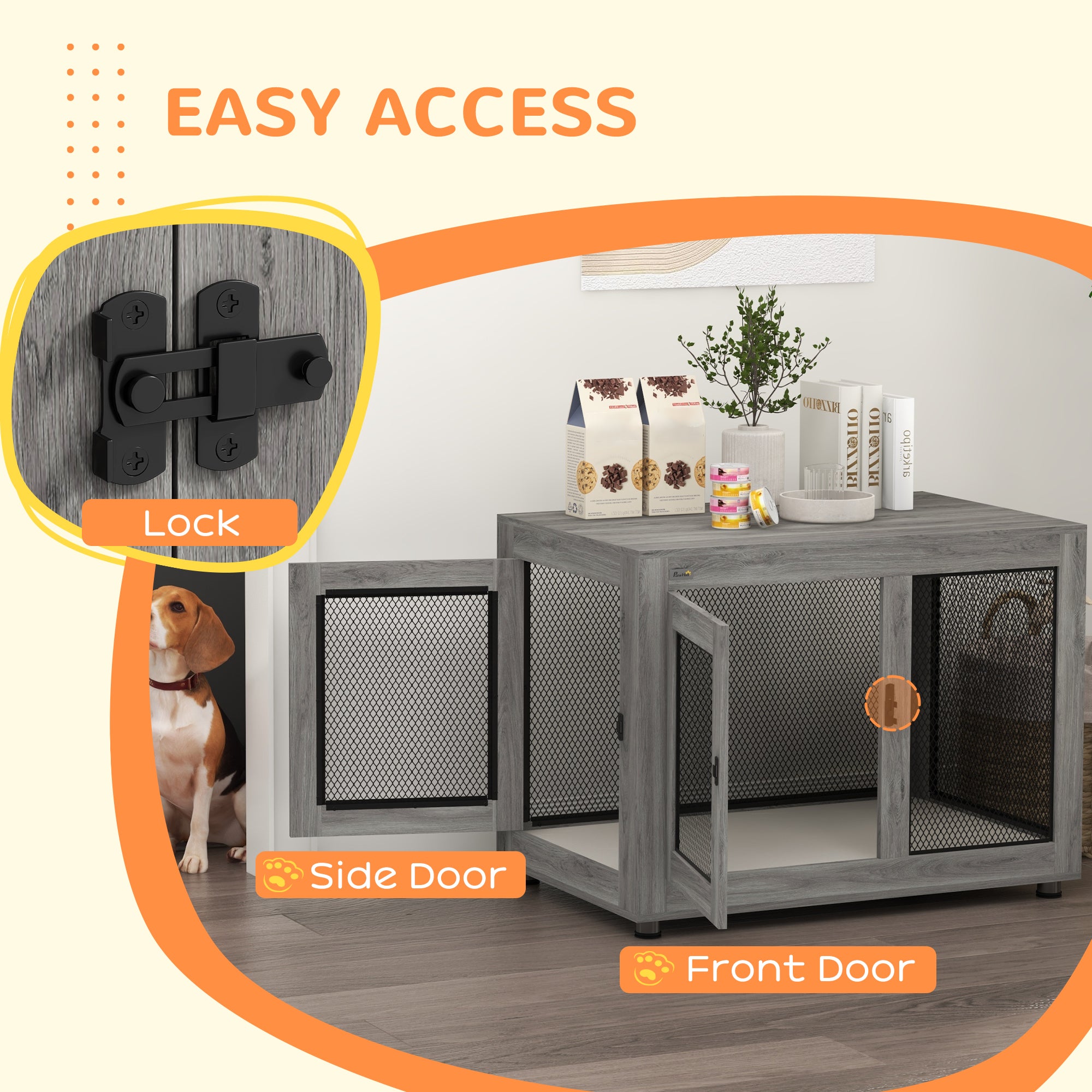 PawHut 37" Double-Door Dog Crate Furniture for Large Medium Dogs, Pet Crate End Table with Water-Resistant Cushion, Wooden Dog Cage Kennel Furniture for Indoor Use, Grey